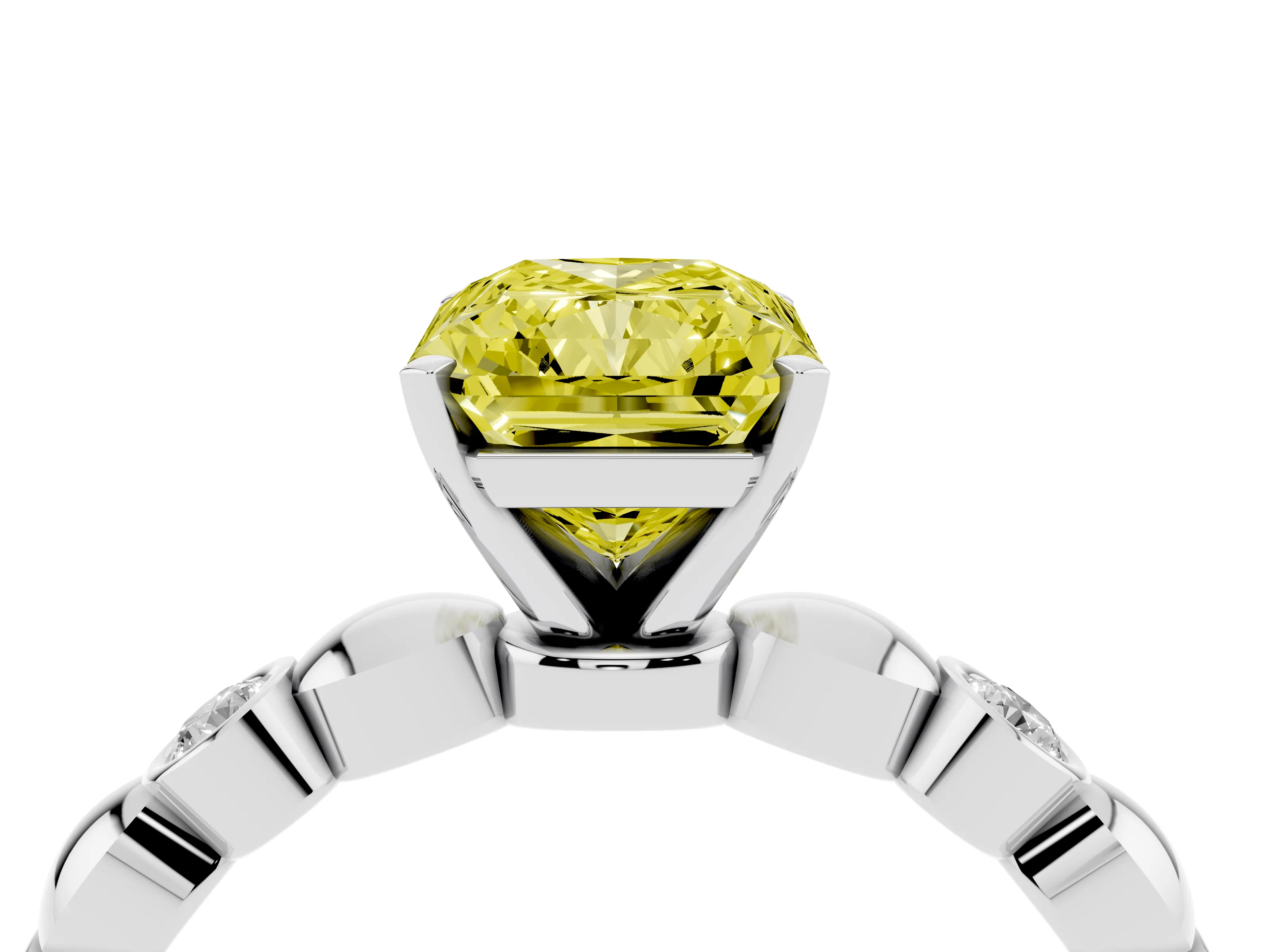 Fancy Yellow Radiant Cut Diamond Solitaire Ring Set in White gold with Bezel-Set Accents on Beaded Band and Prong Setting