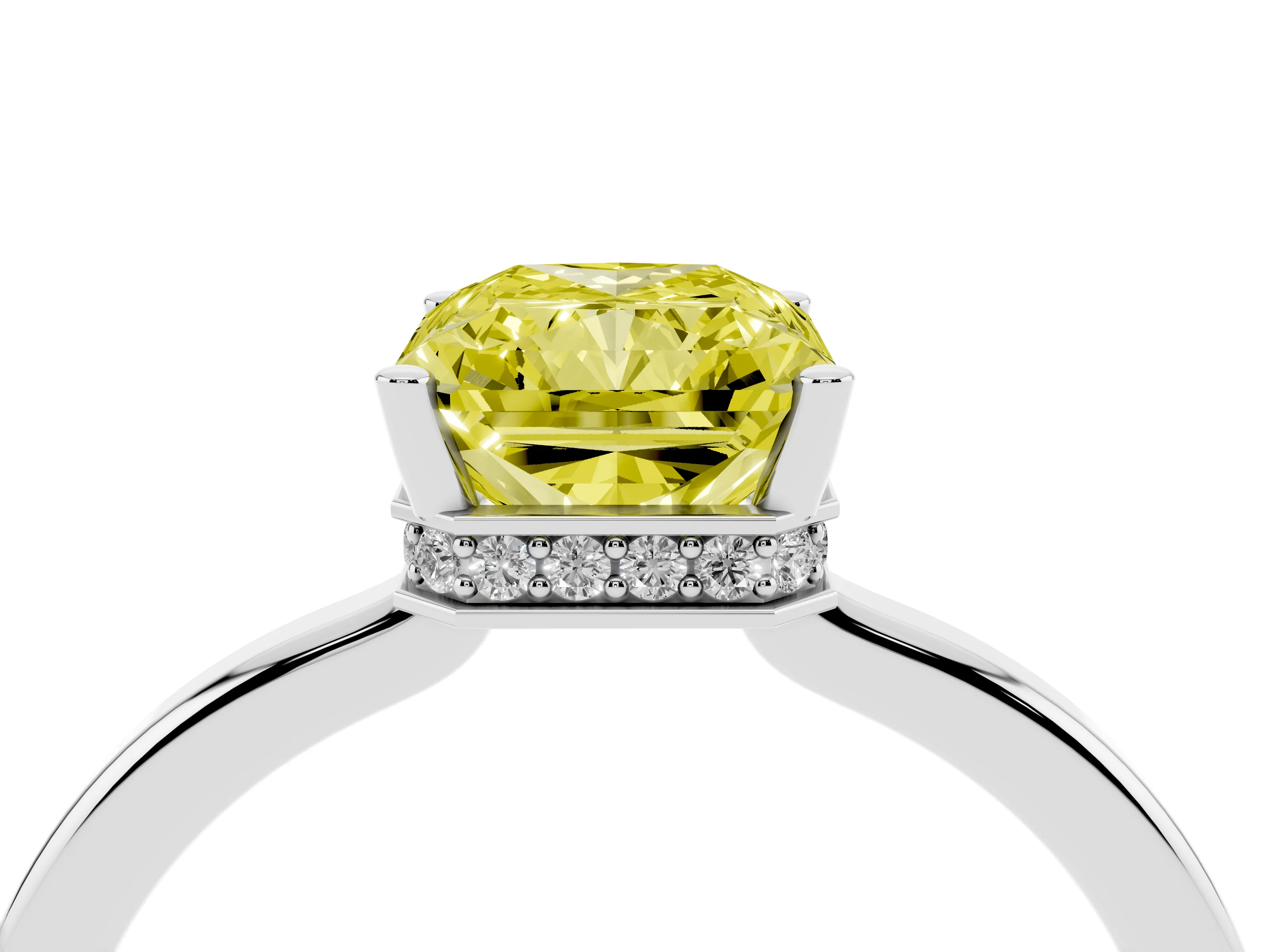 Fancy Yellow Radiant Cut Diamond Solitaire Engagement Ring Set in Silver with Prong Setting on a Plain Band