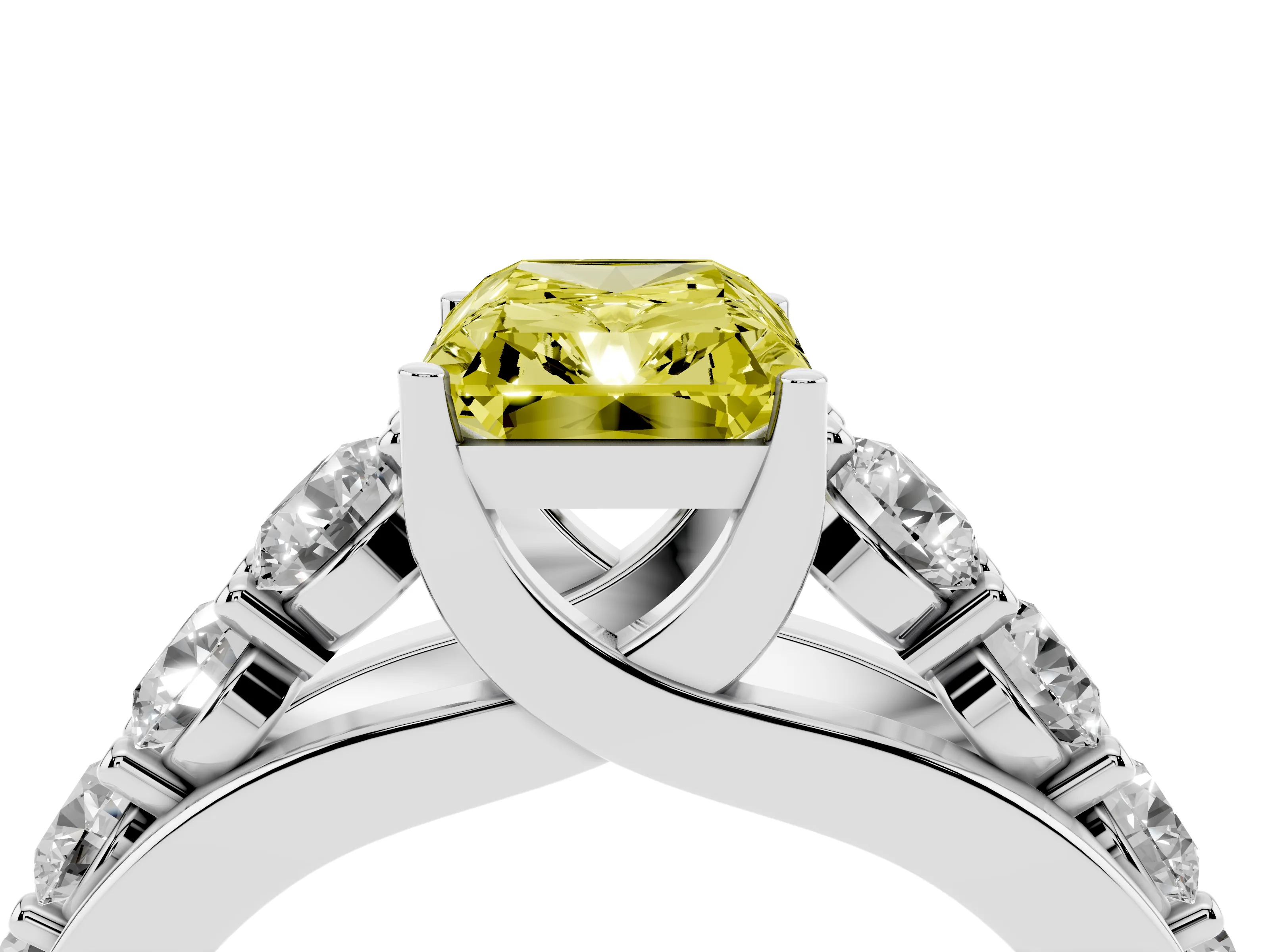 Fancy Yellow Radiant Cut Diamond Pavé Engagement Ring Set in Silver with Prong Setting