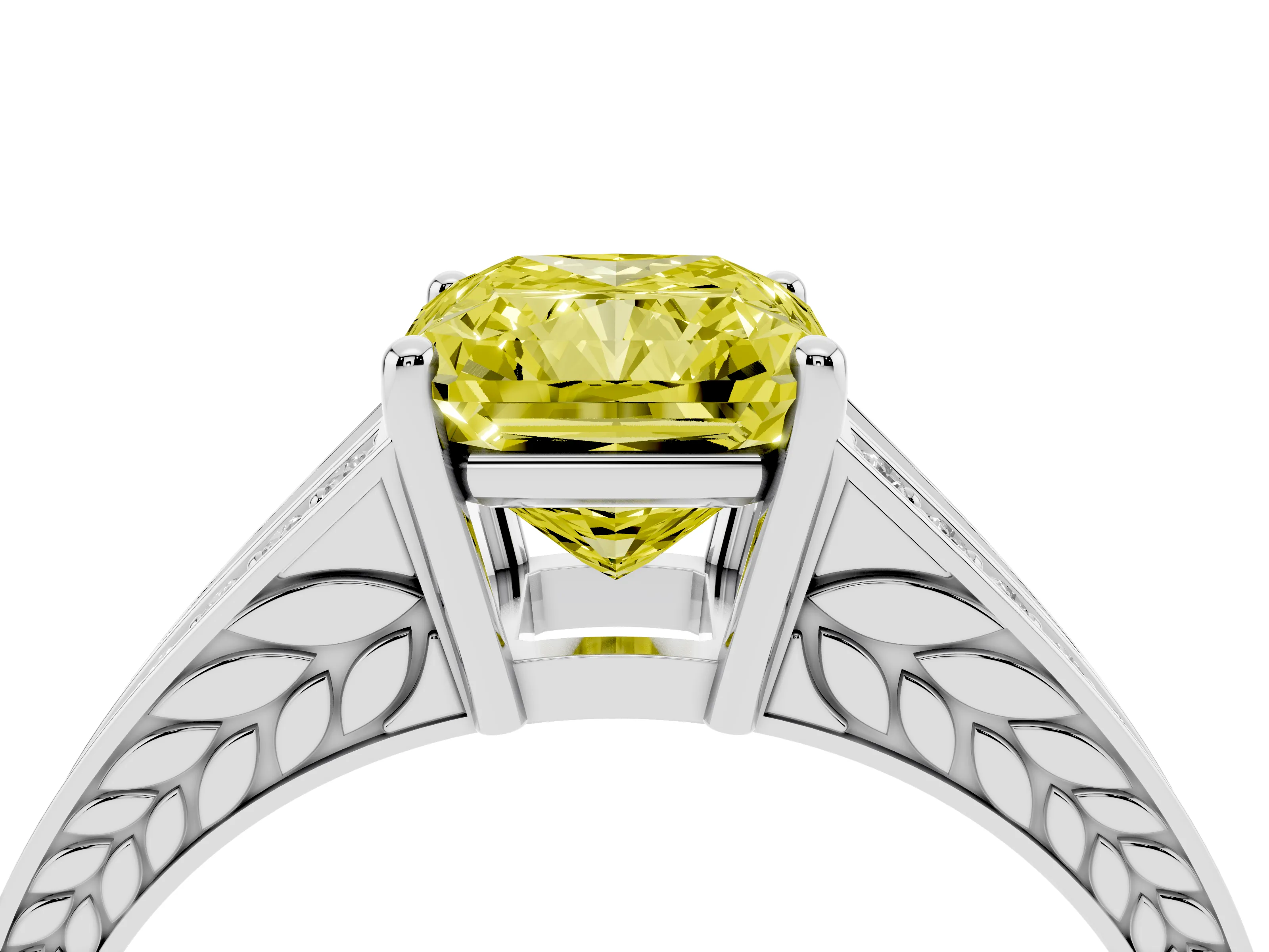 Fancy Yellow Radiant Cut Diamond Split Shank Ring Set in Platinum with Pavé Band and Prong Setting