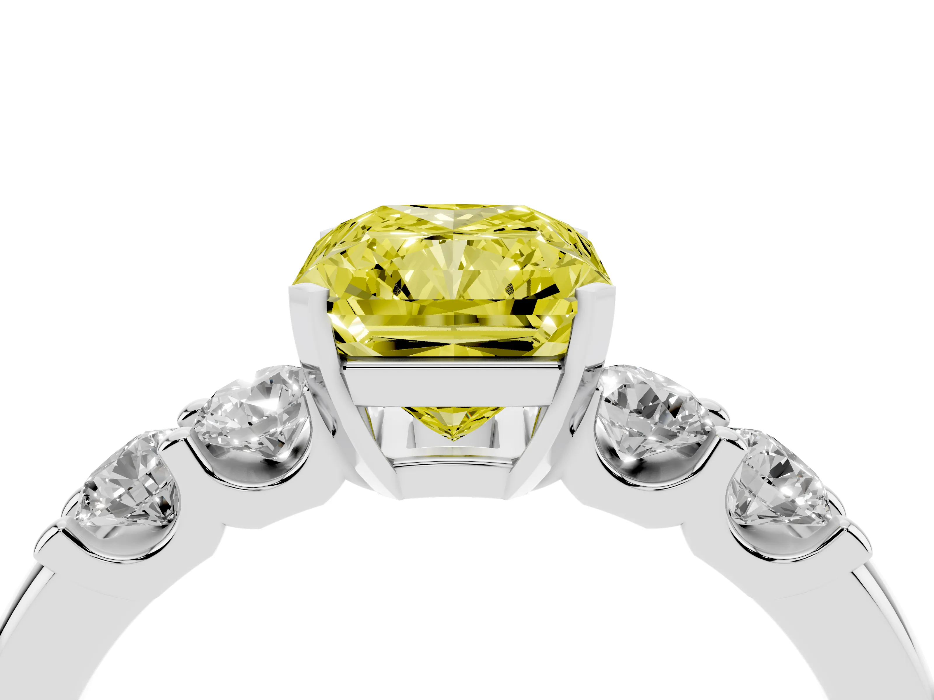 Fancy Yellow Radiant Cut Diamond Five-Stone Prong Set Engagement Ring Set in White gold with Channel Band