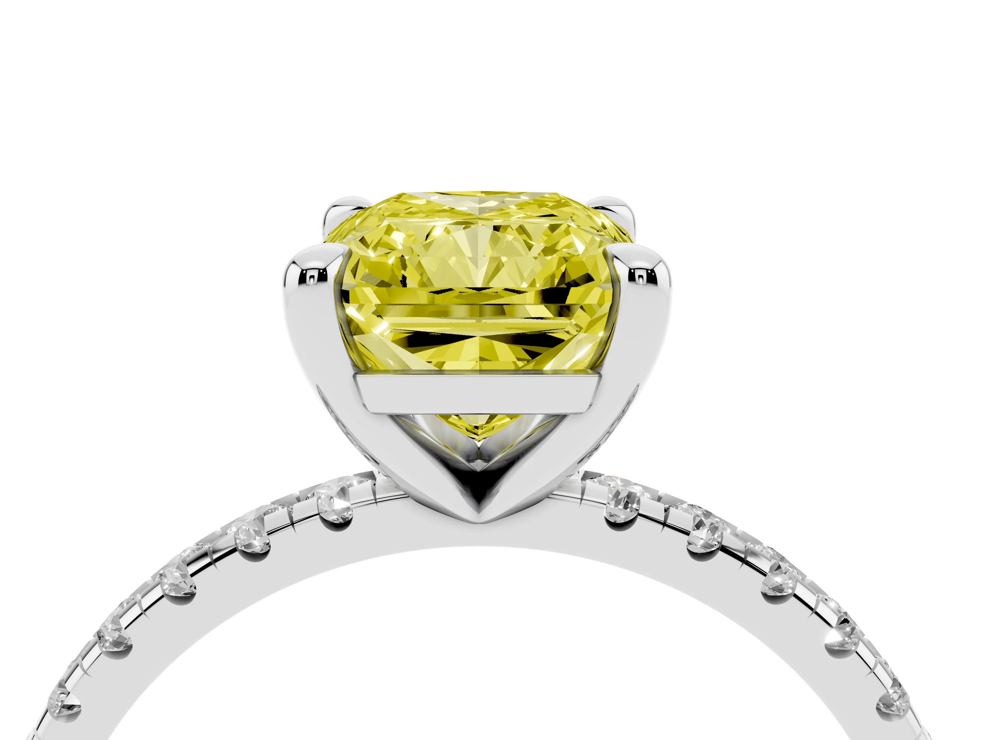 Fancy Yellow Radiant Cut Diamond Brilliant Solitaire Ring Set in White gold with Pavé Band and Prong Setting