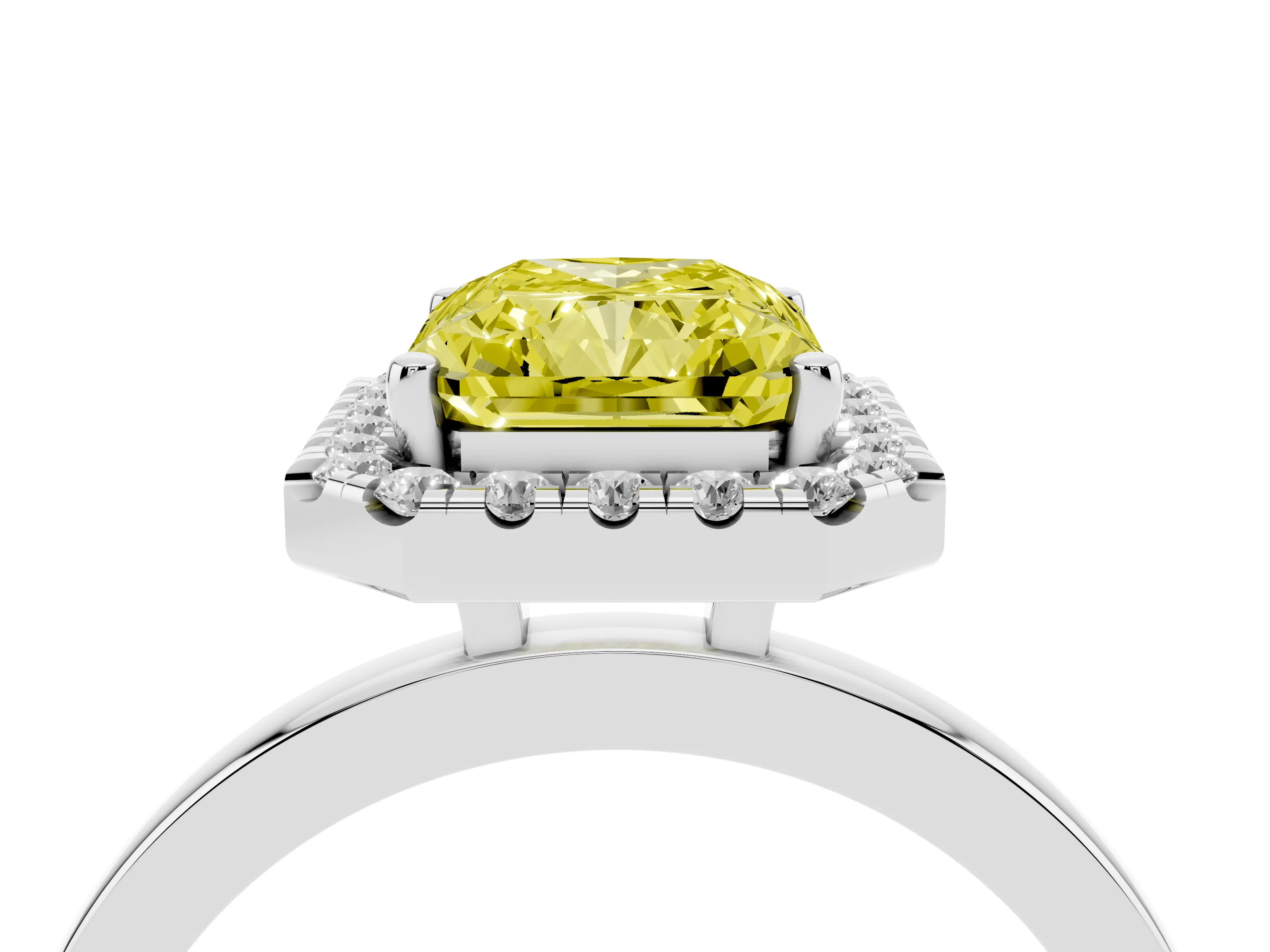 Fancy Yellow Radiant Cut Diamond Halo Solitaire Ring Set in Platinum with Pavé Band and Prong Setting