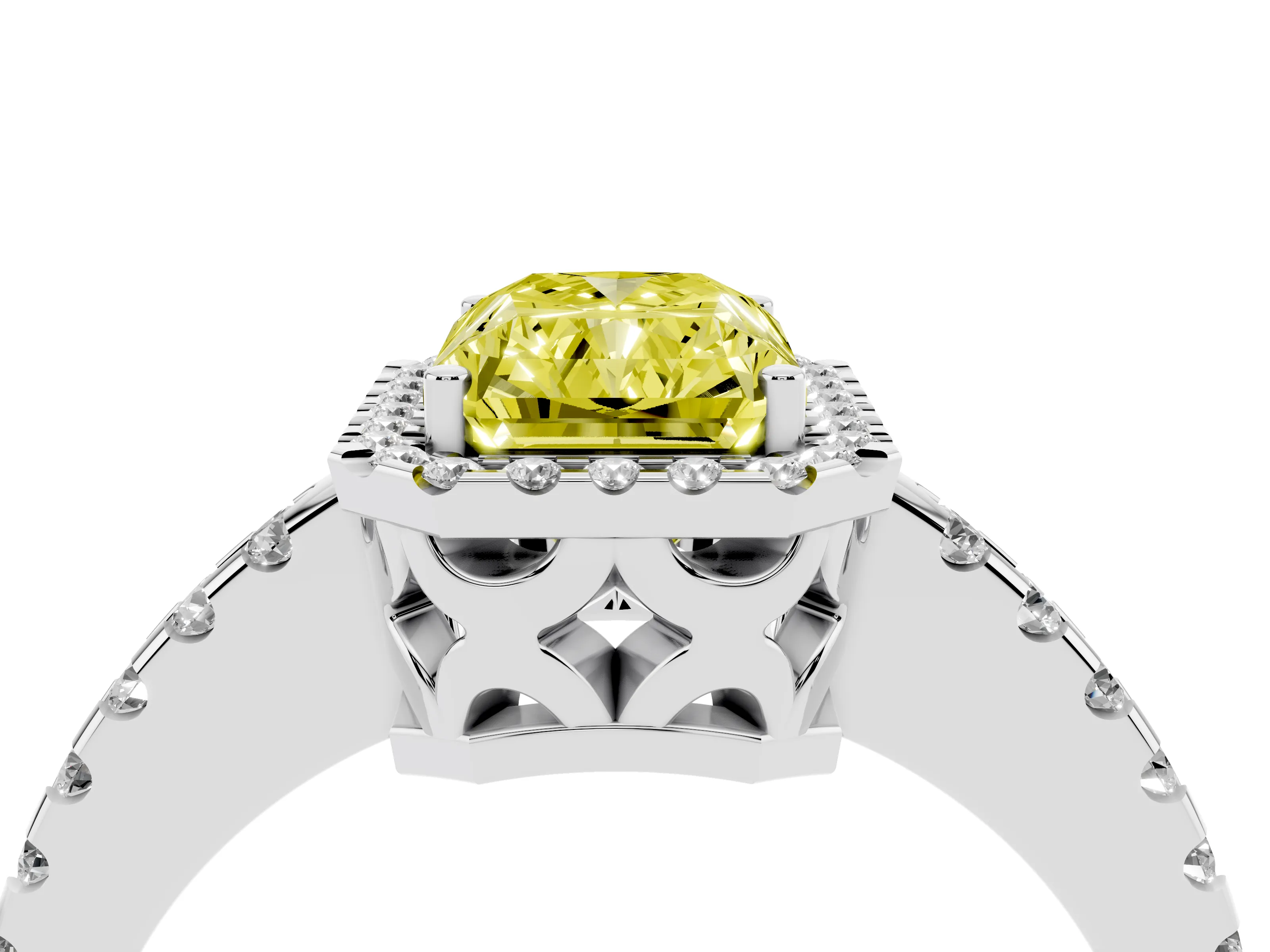 Fancy Yellow Radiant Cut Diamond Halo Ring Set in Platinum with Pavé Shoulders and Halo-Framed Center
