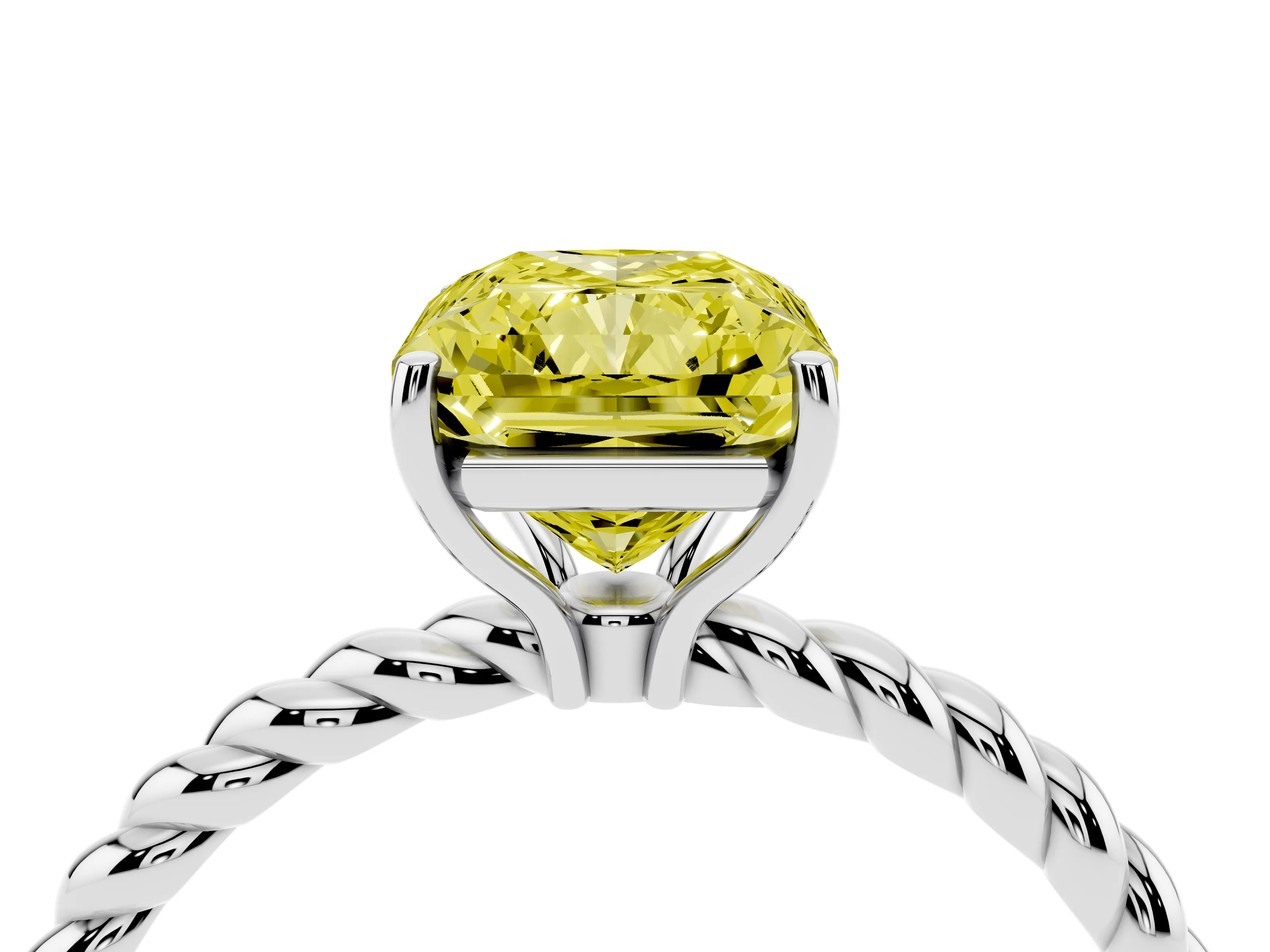 Fancy Yellow Radiant Cut Diamond Solitaire Ring Set in White gold with Twist Band and Prong Setting