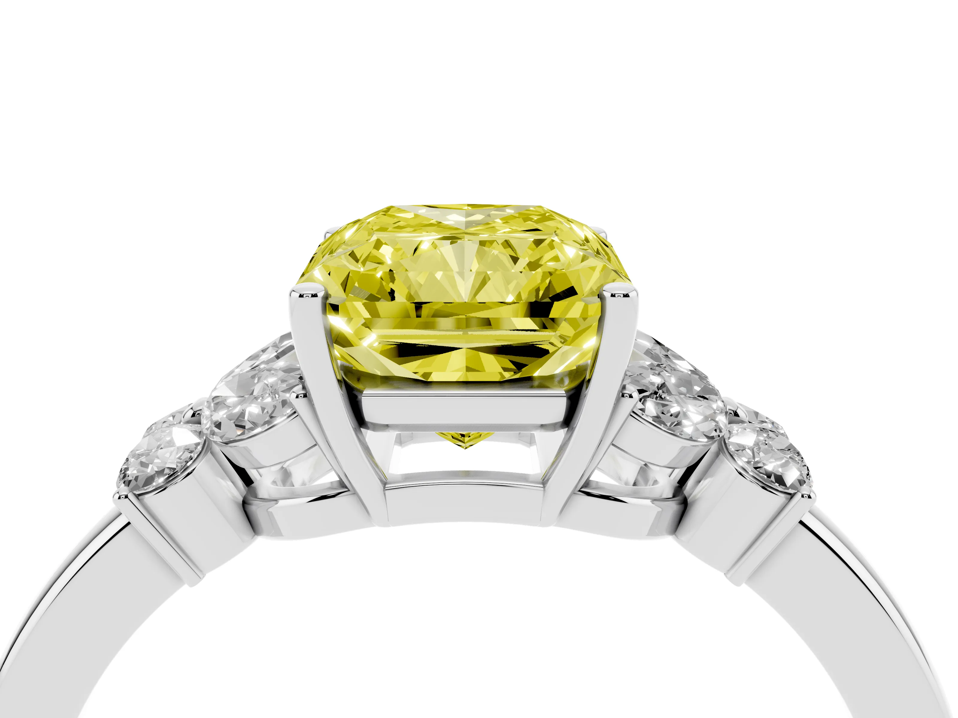 Fancy Yellow Radiant Cut Diamond Solitaire Floral Ring Set in White gold with Marquise Petals and Prong Setting