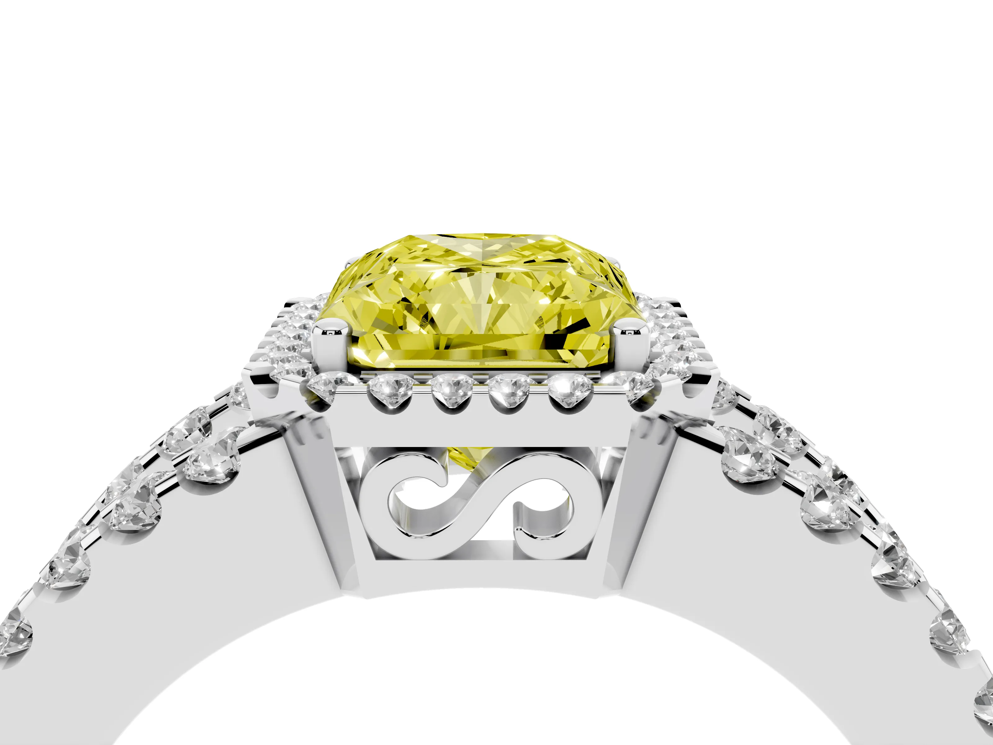 Fancy Yellow Radiant Cut Diamond Halo Ring Set in Silver with Pavé Split Shank and Prong Setting