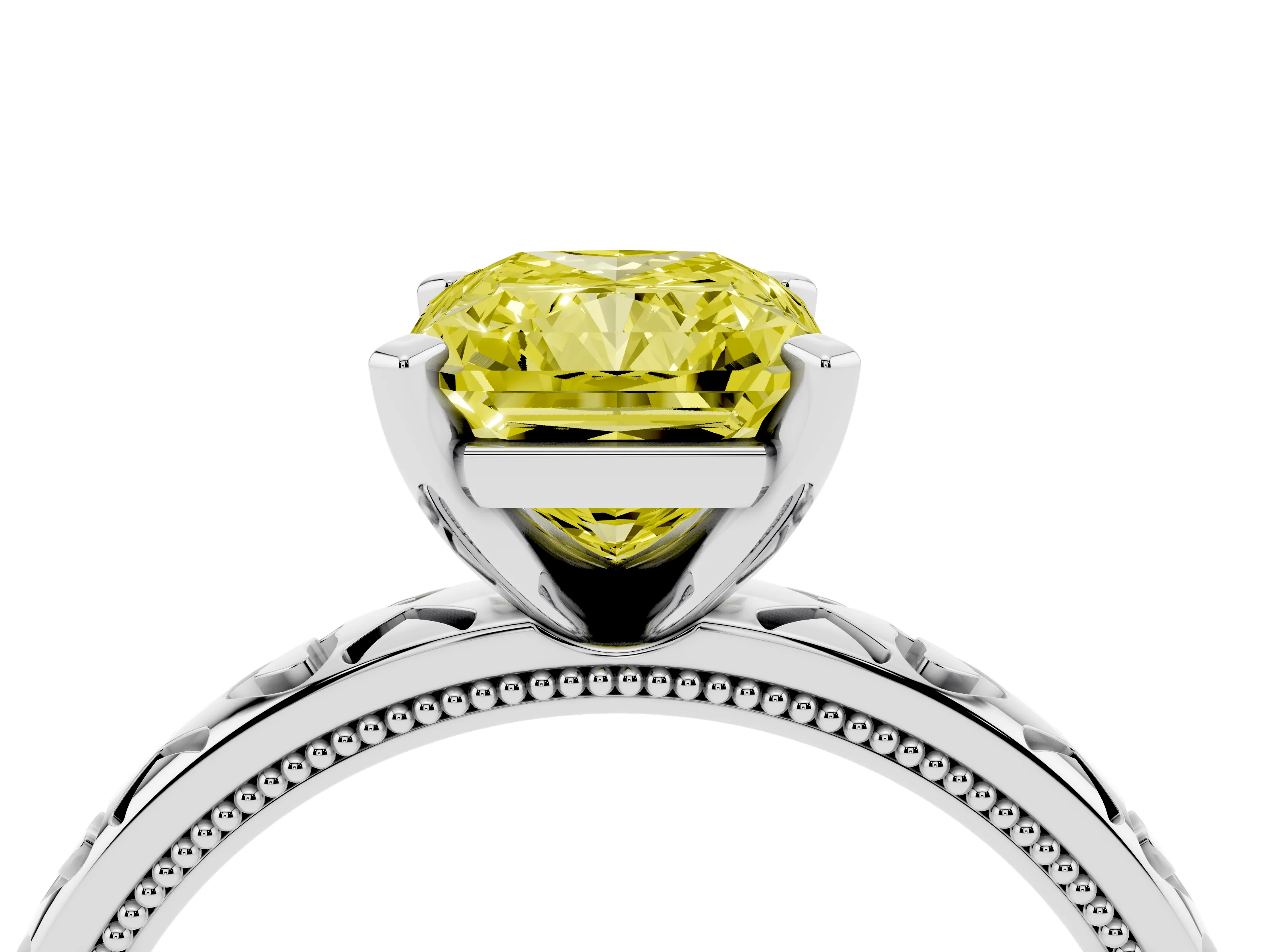 Fancy Yellow Radiant Cut Diamond Solitaire Engagement Ring Set in White gold with XO Engraved Band and Prong Setting