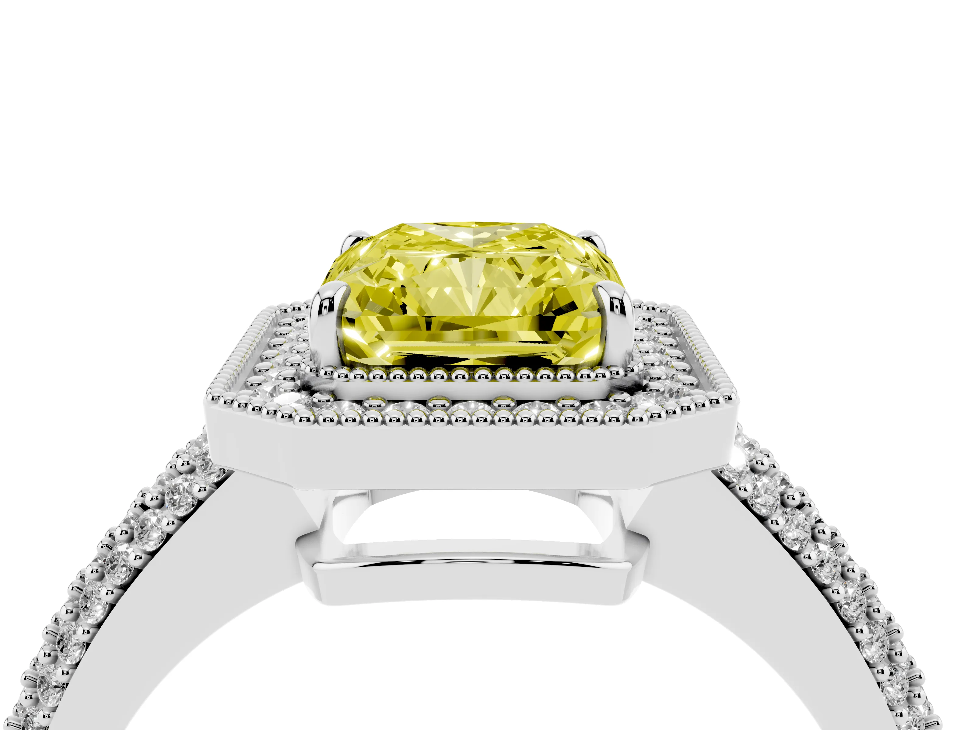 Fancy Yellow Radiant Cut Diamond Halo Pavé Band Set in White gold with Prong Setting