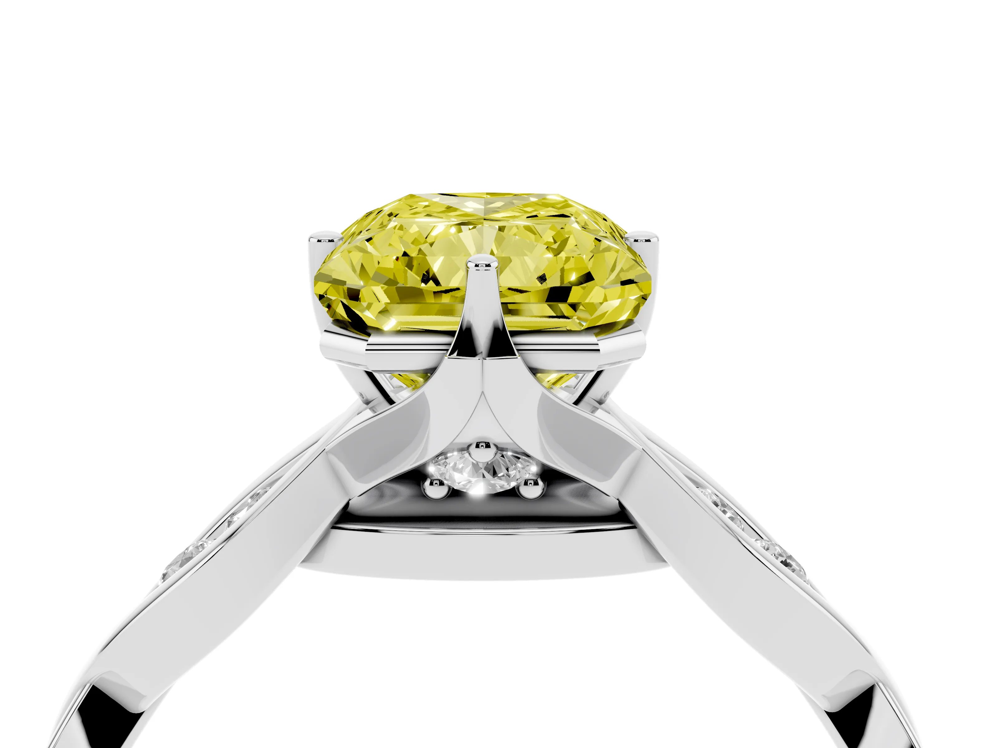 Fancy Yellow Radiant Cut Diamond Twist Band Solitaire Ring Set in Platinum with Leaf Prong Setting and Accent Stones