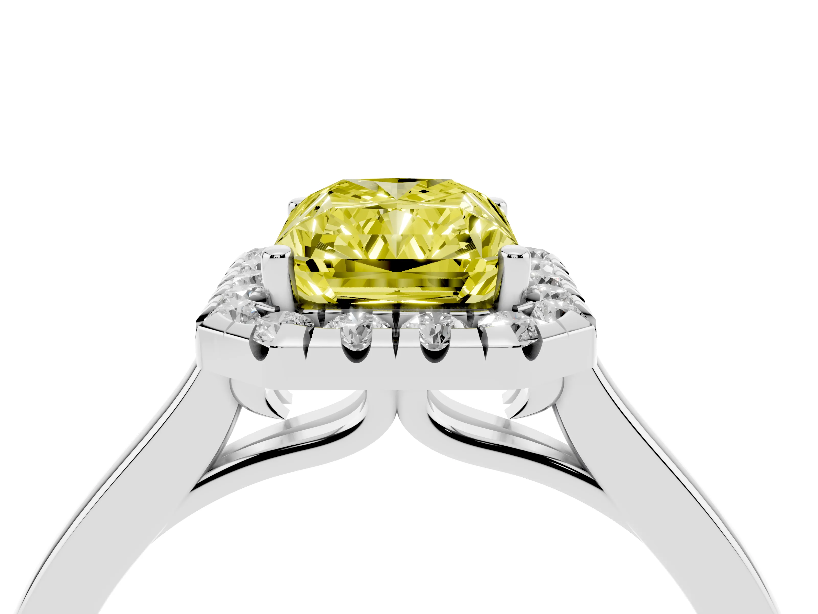 Fancy Yellow Radiant Cut Halo Round Diamond Solitaire Ring Set in White gold with Pavé Band and Prong Setting