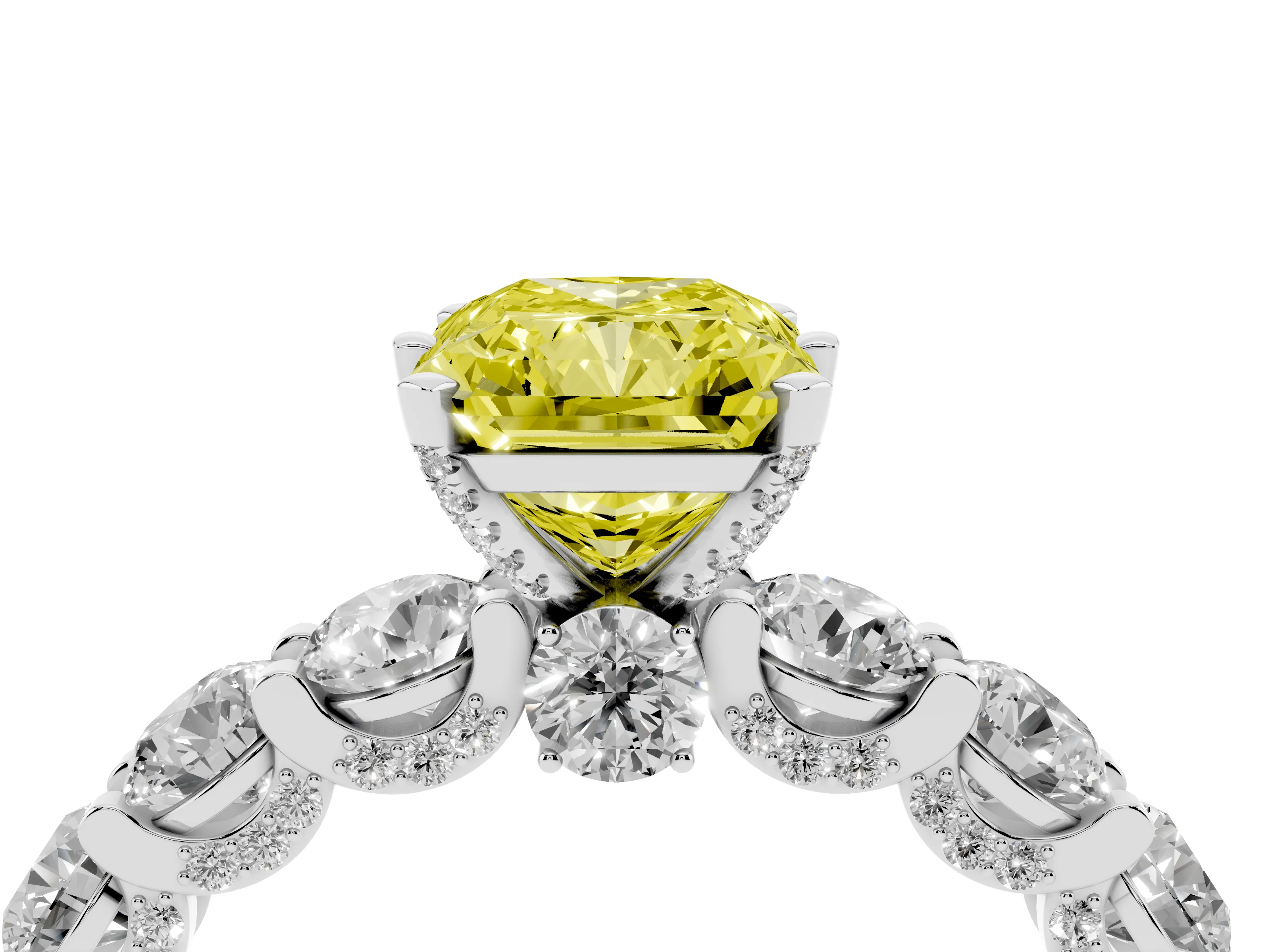 Fancy Yellow Radiant Cut Diamond Side Stone Ring Set in Platinum with Alternating Round and Oval Side Stones