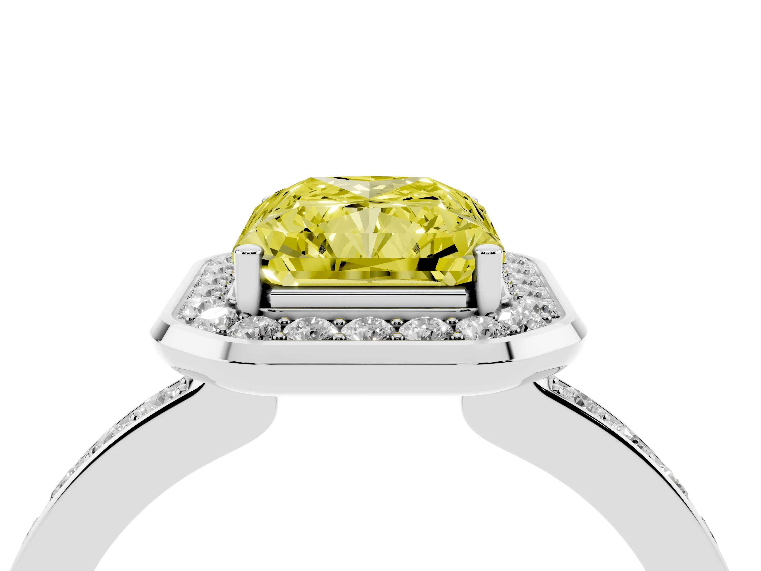 Fancy Yellow Radiant Cut Diamond Halo Ring Set in Silver with Bezel Frame and Pavé Band