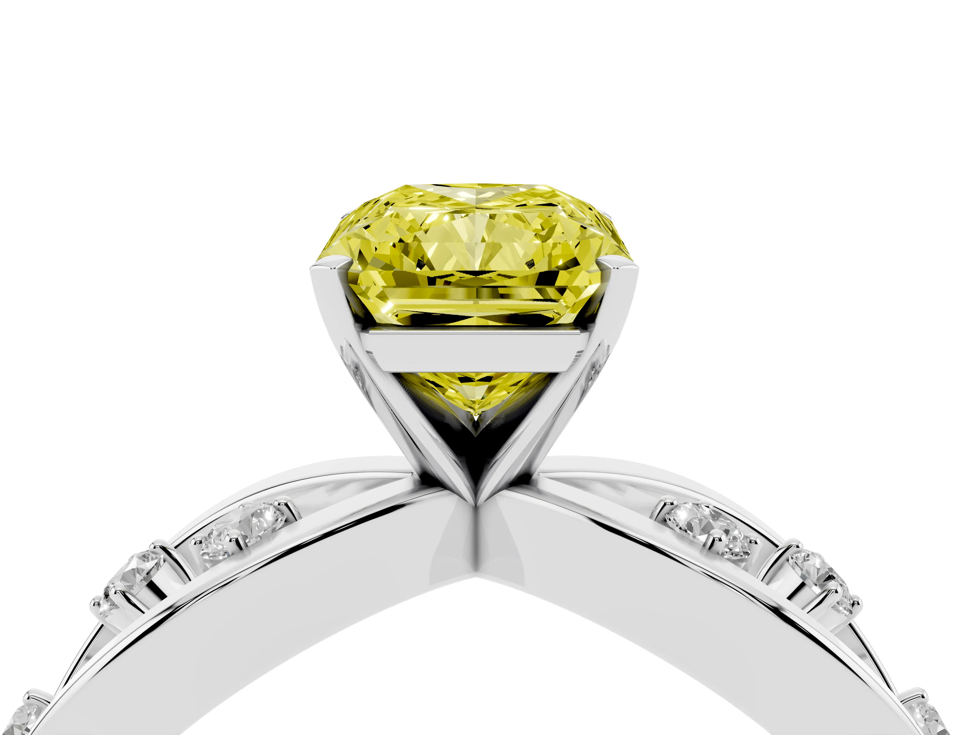 Fancy Yellow Radiant Cut Diamond Solitaire Ring Set in Platinum with Side Stones on Criss-Cross Band and Prong Setting