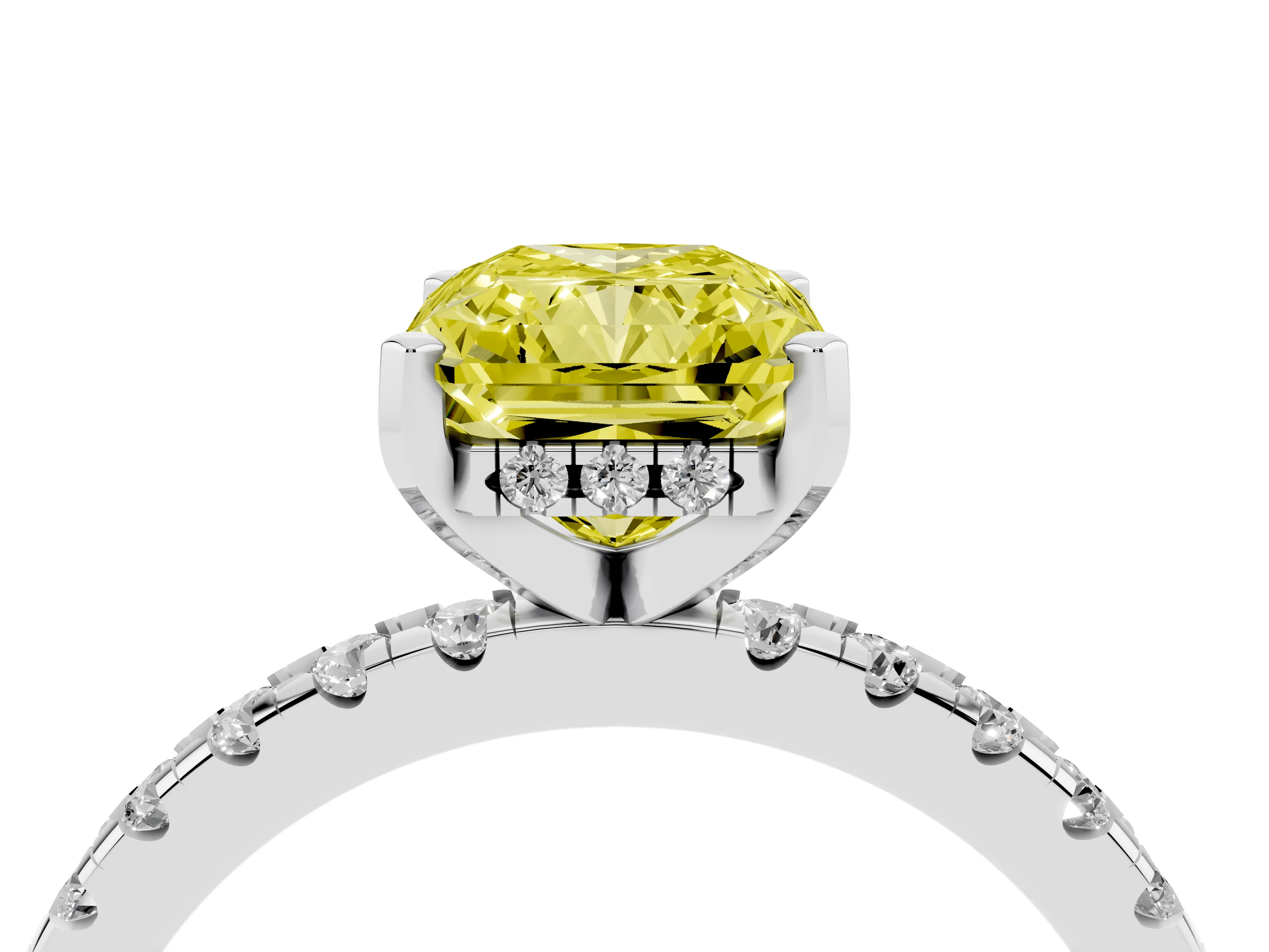 Fancy Yellow Radiant Cut Diamond Pavé Solitaire Ring Set in Silver with Round Band Accents and Prong Setting