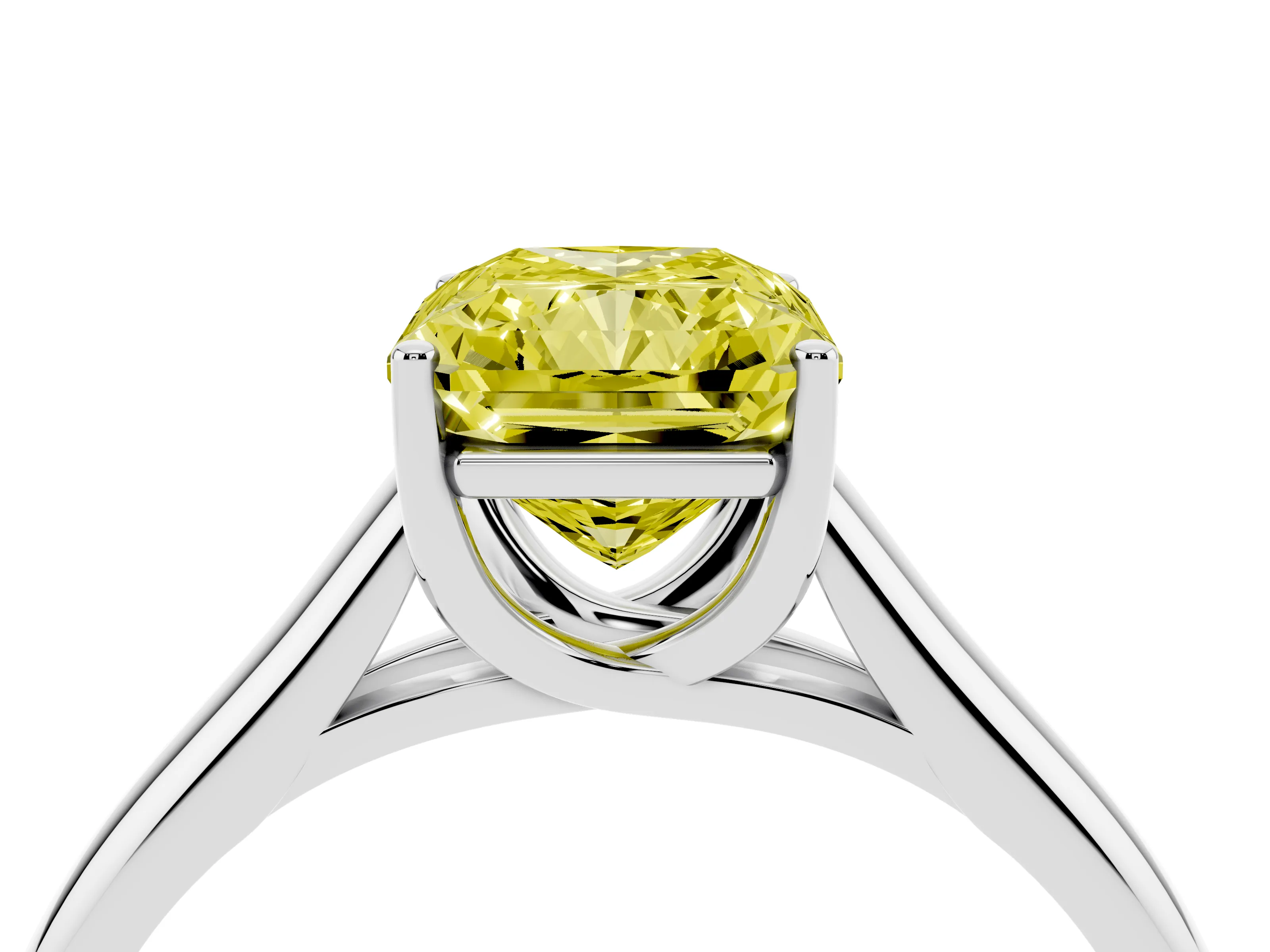 Fancy Yellow Radiant Cut Diamond Solitaire Engagement Ring Set in Silver with Subtly Tapered Band and Prong Setting