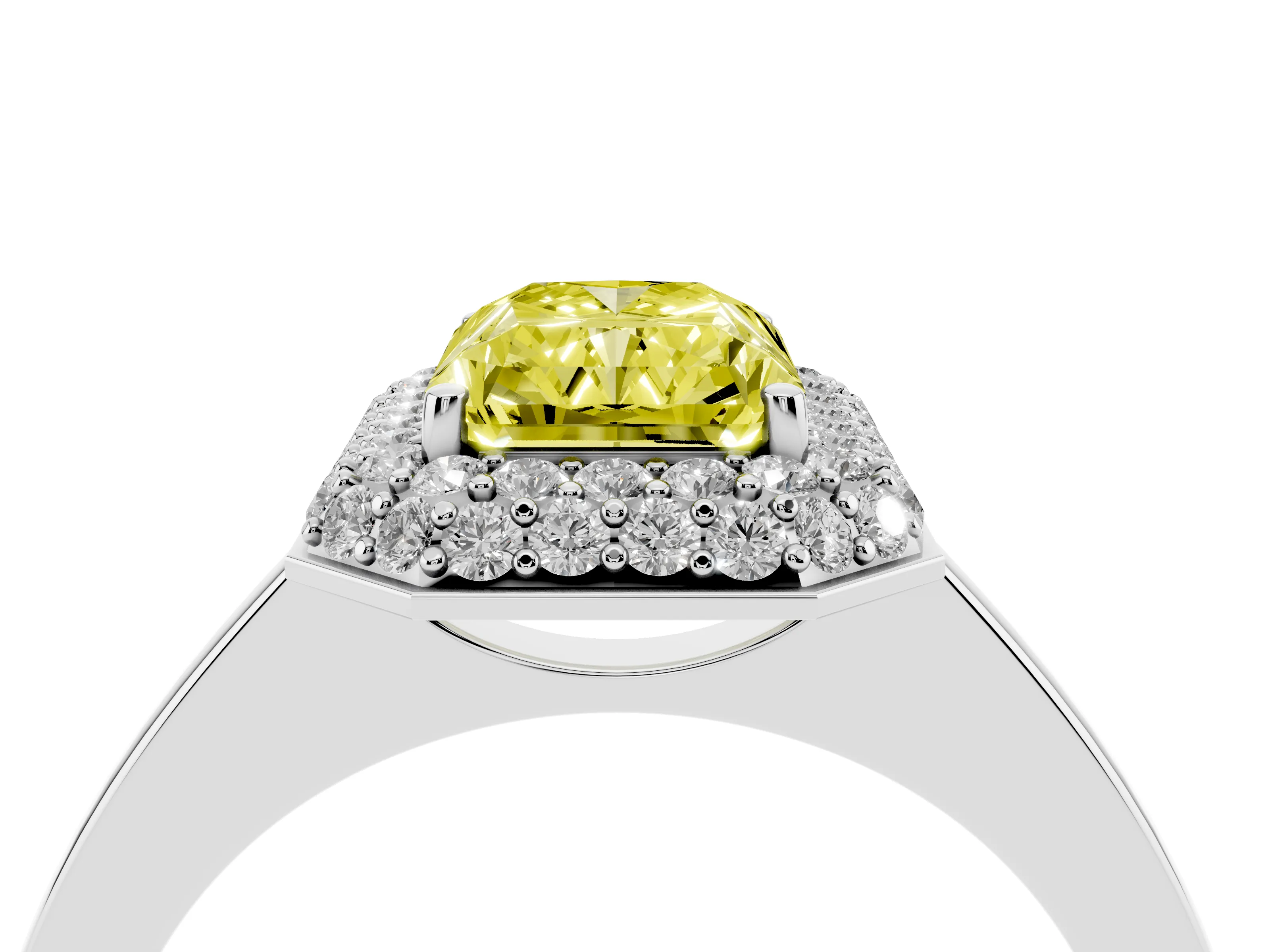 Fancy Yellow Radiant Cut Diamond Halo Engagement Ring Set in Platinum with Solitaire Band and Prong Setting