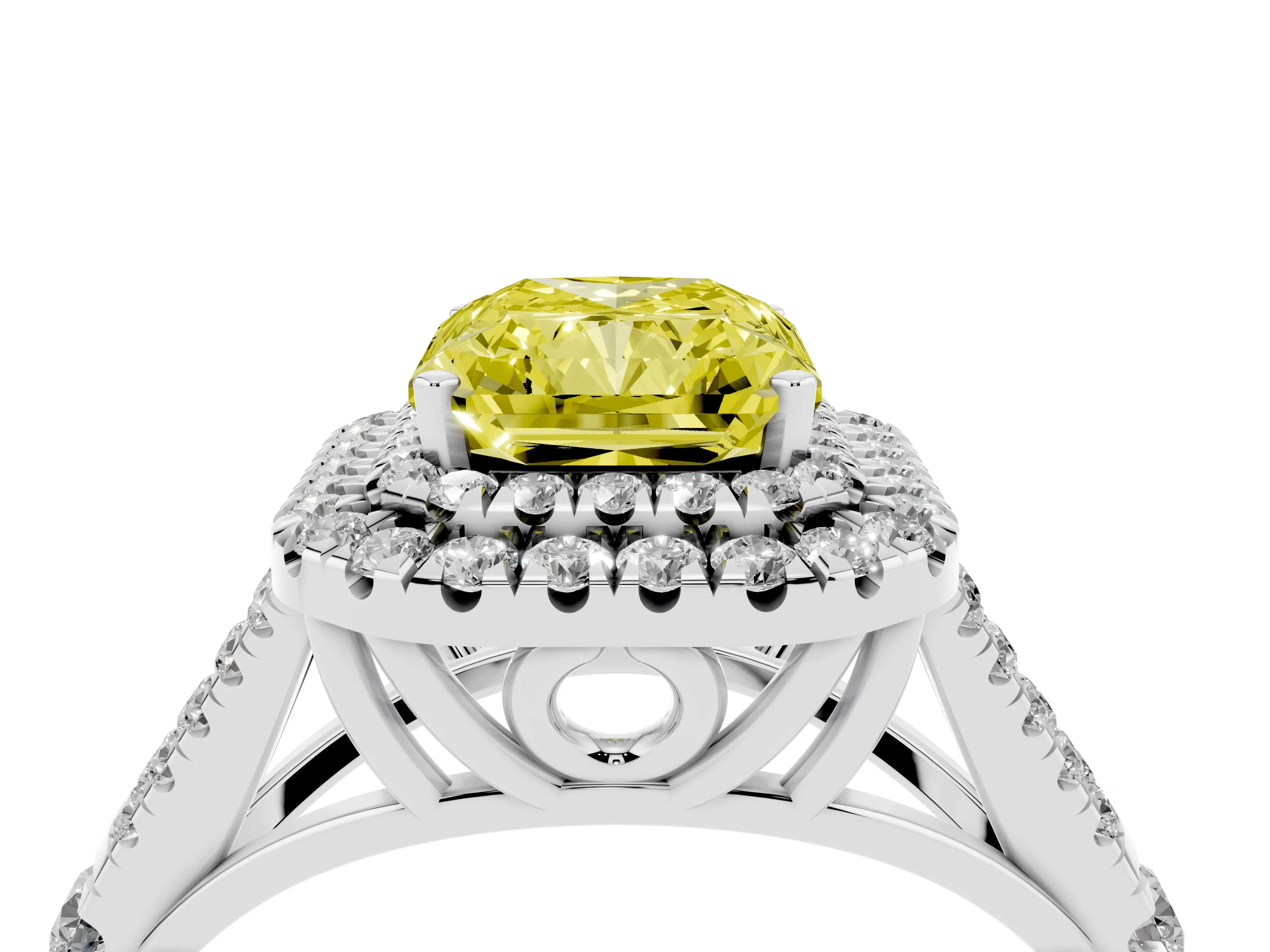 Fancy Yellow Radiant Cut Diamond Pavé Split Shank Double Halo Engagement Ring Set in Platinum