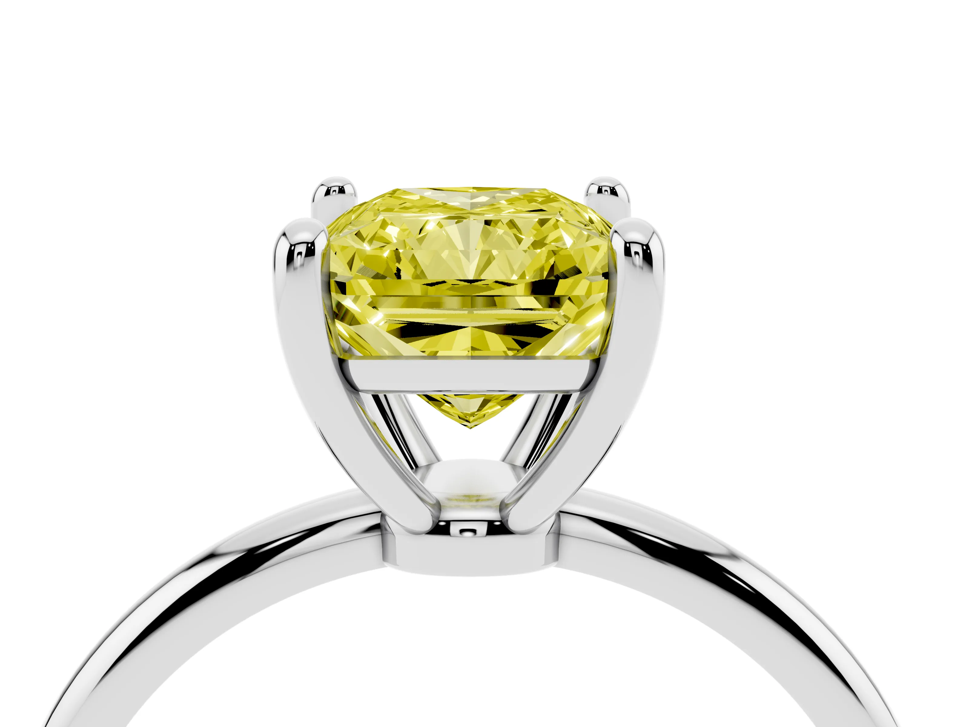Fancy Yellow Radiant Cut Diamond Solitaire Ring Set in White gold with Secure Prong Setting on a Classic Band