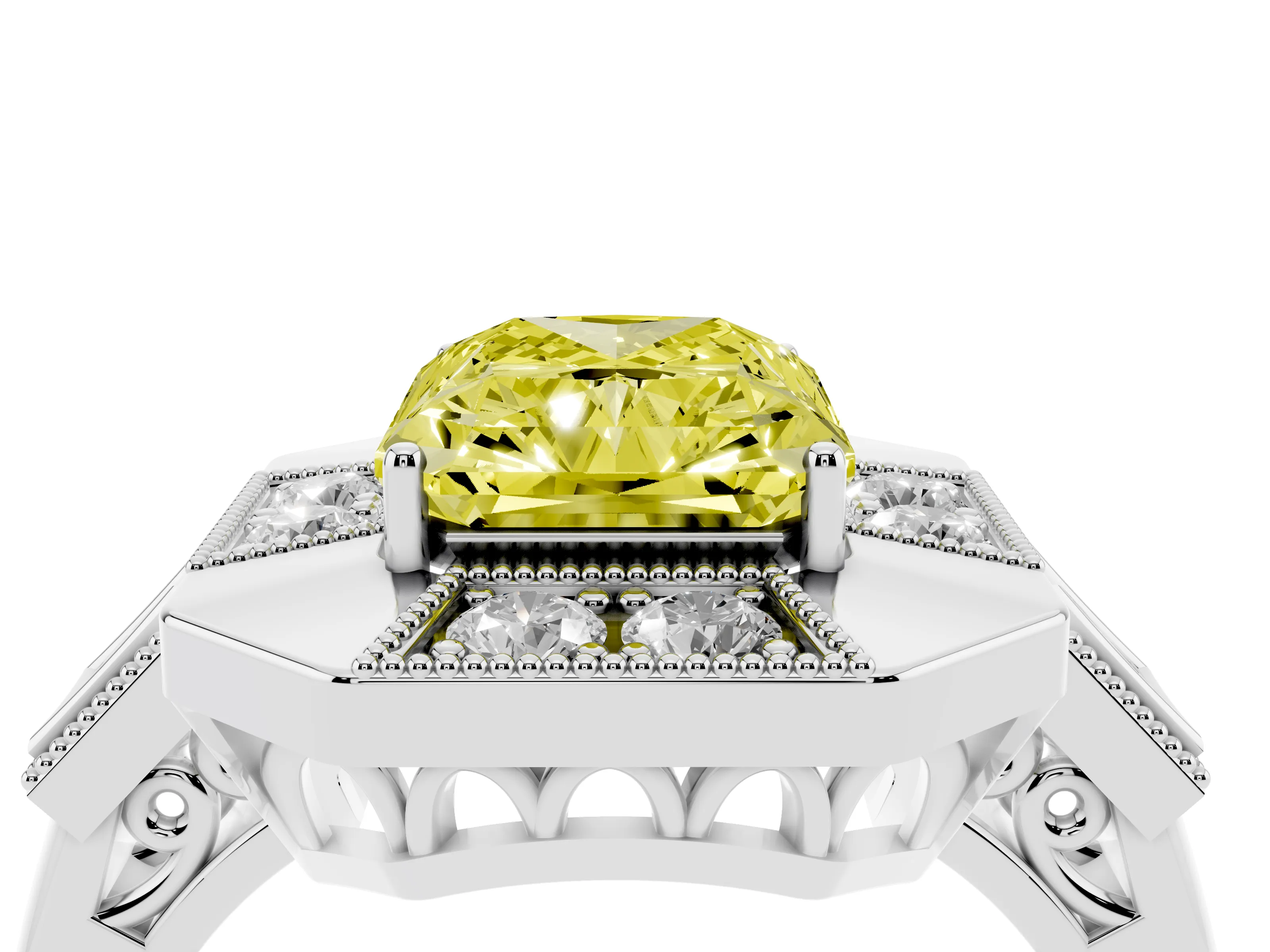 Fancy Yellow Radiant Cut Diamond Milgrain Halo Ring Set in Silver with Split Shank