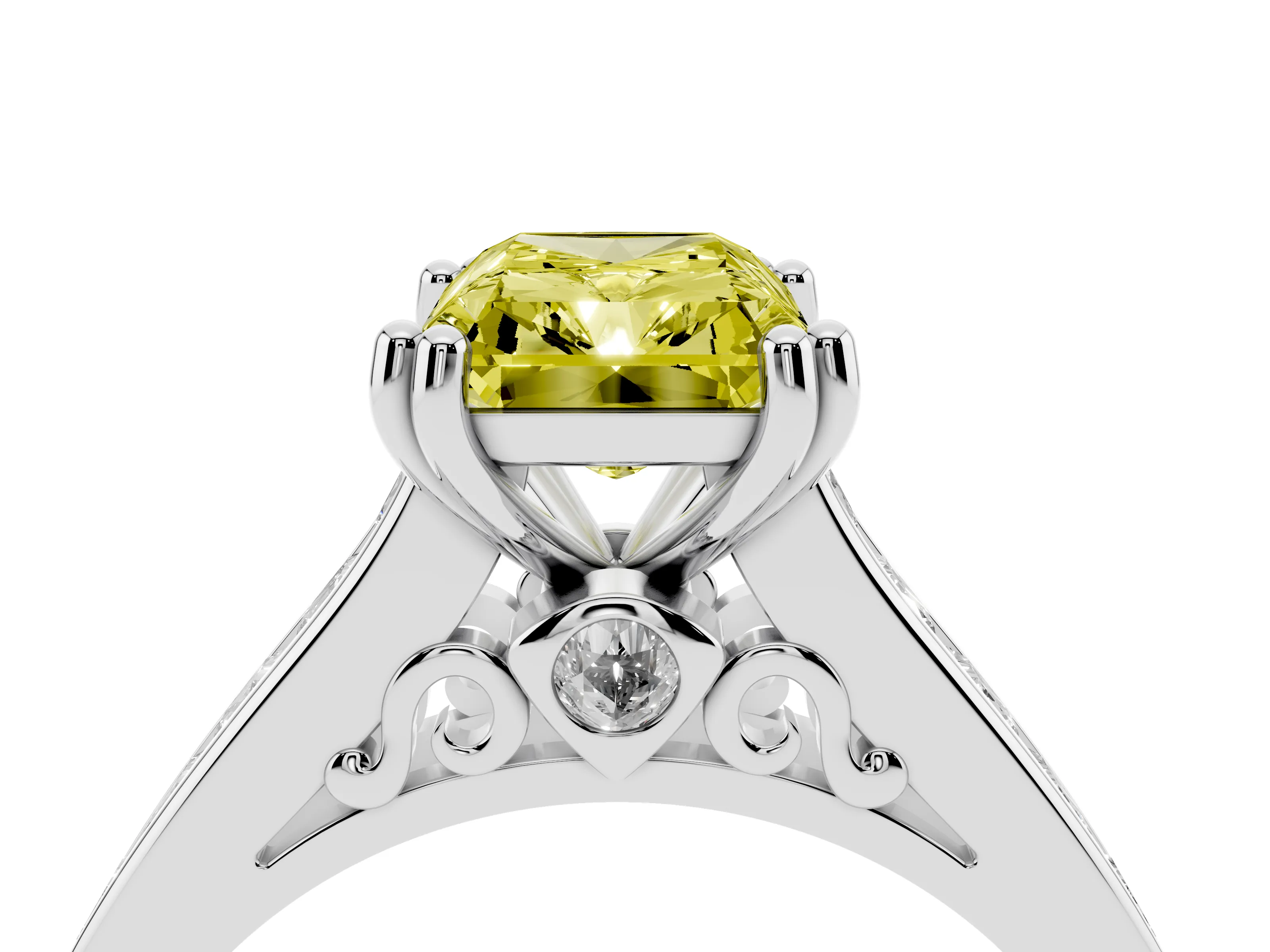 Fancy Yellow Radiant Cut Diamond Channel Set Solitaire Engagement Ring Set in Silver with Prong Setting