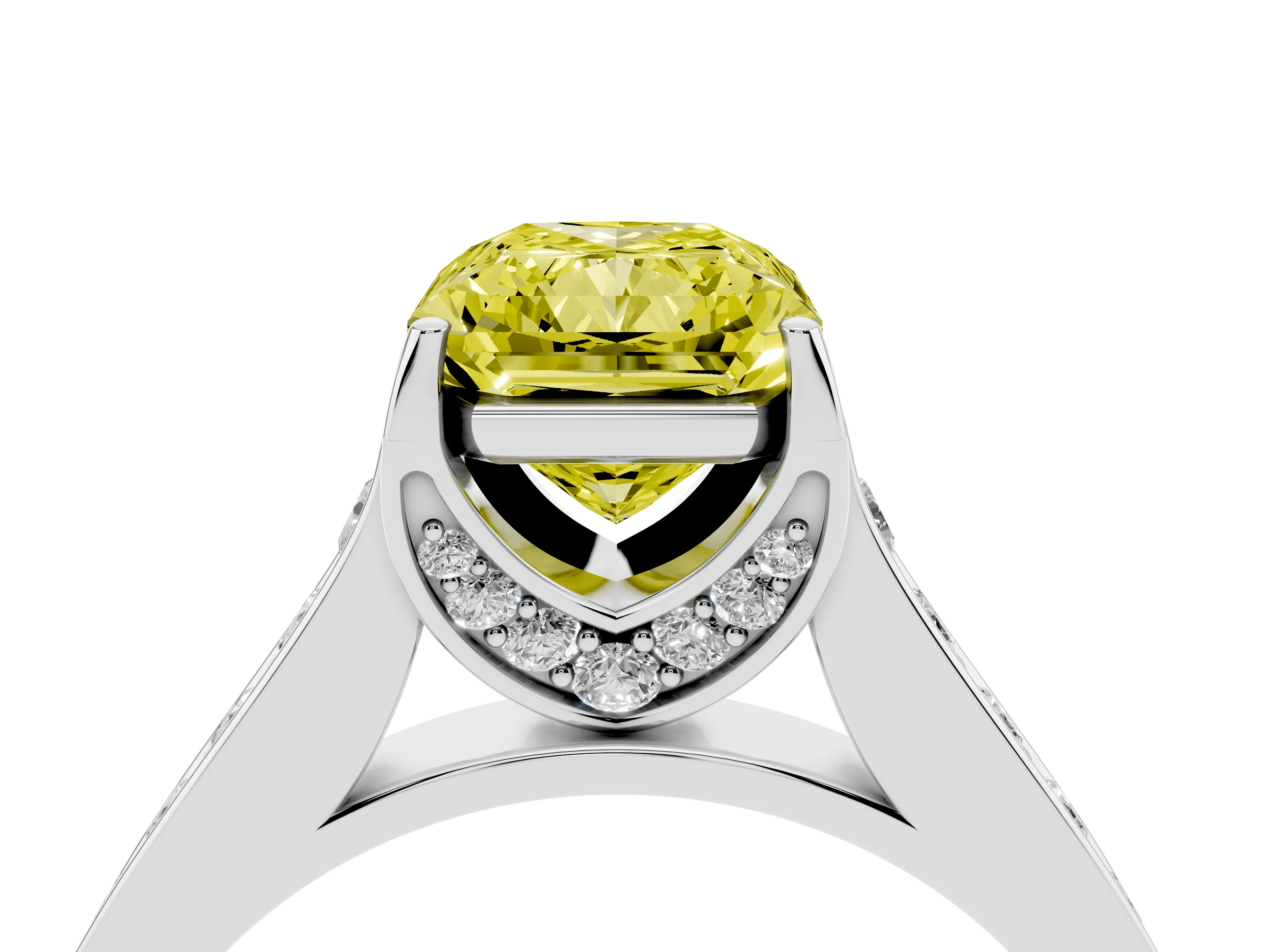Fancy Yellow Radiant Cut Diamond Solitaire Pavé Engagement Ring Set in Platinum with Prong Setting