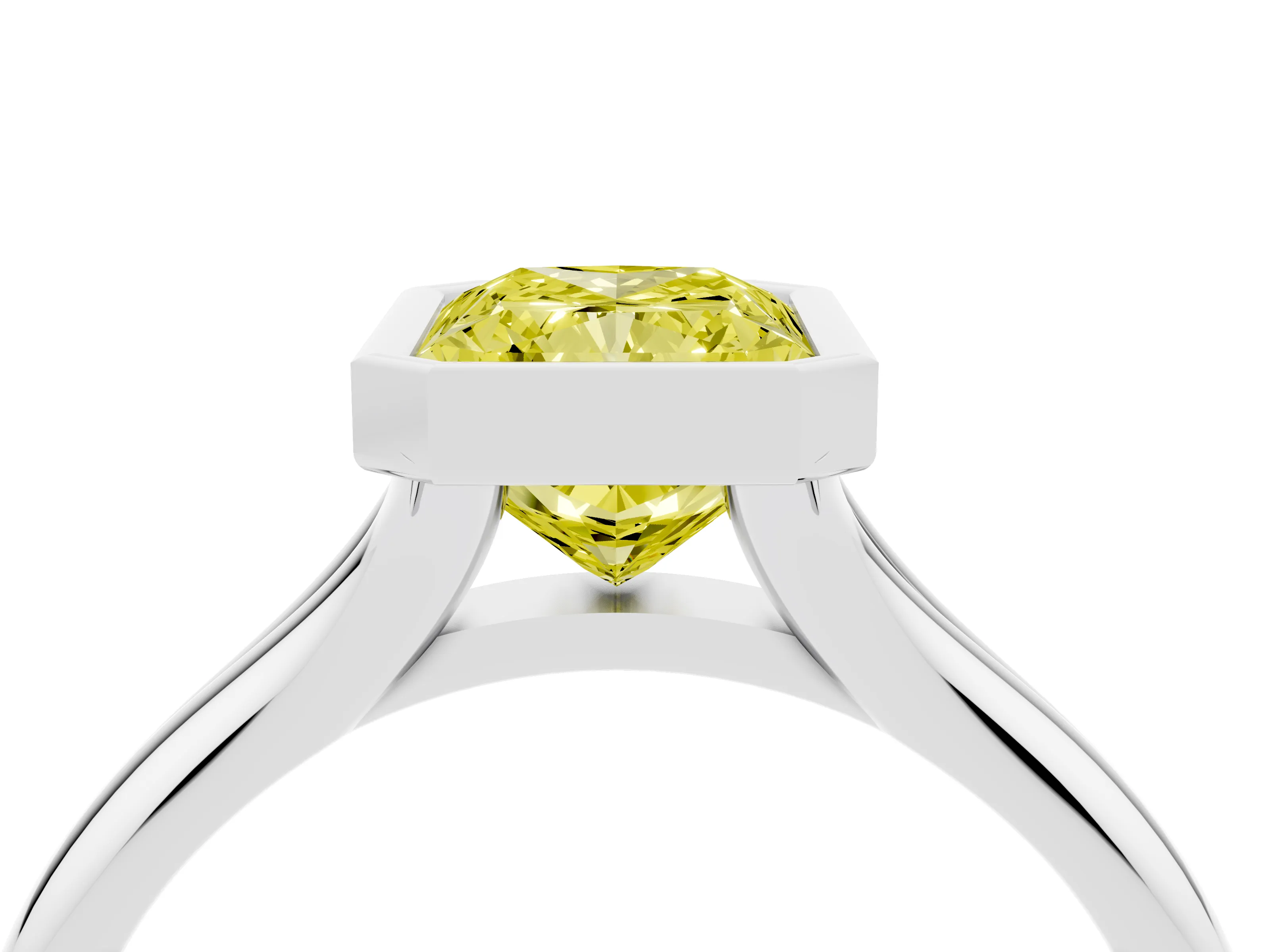Fancy Yellow Bezel Set Radiant Cut Diamond Solitaire Ring Set in White gold with Smooth Band