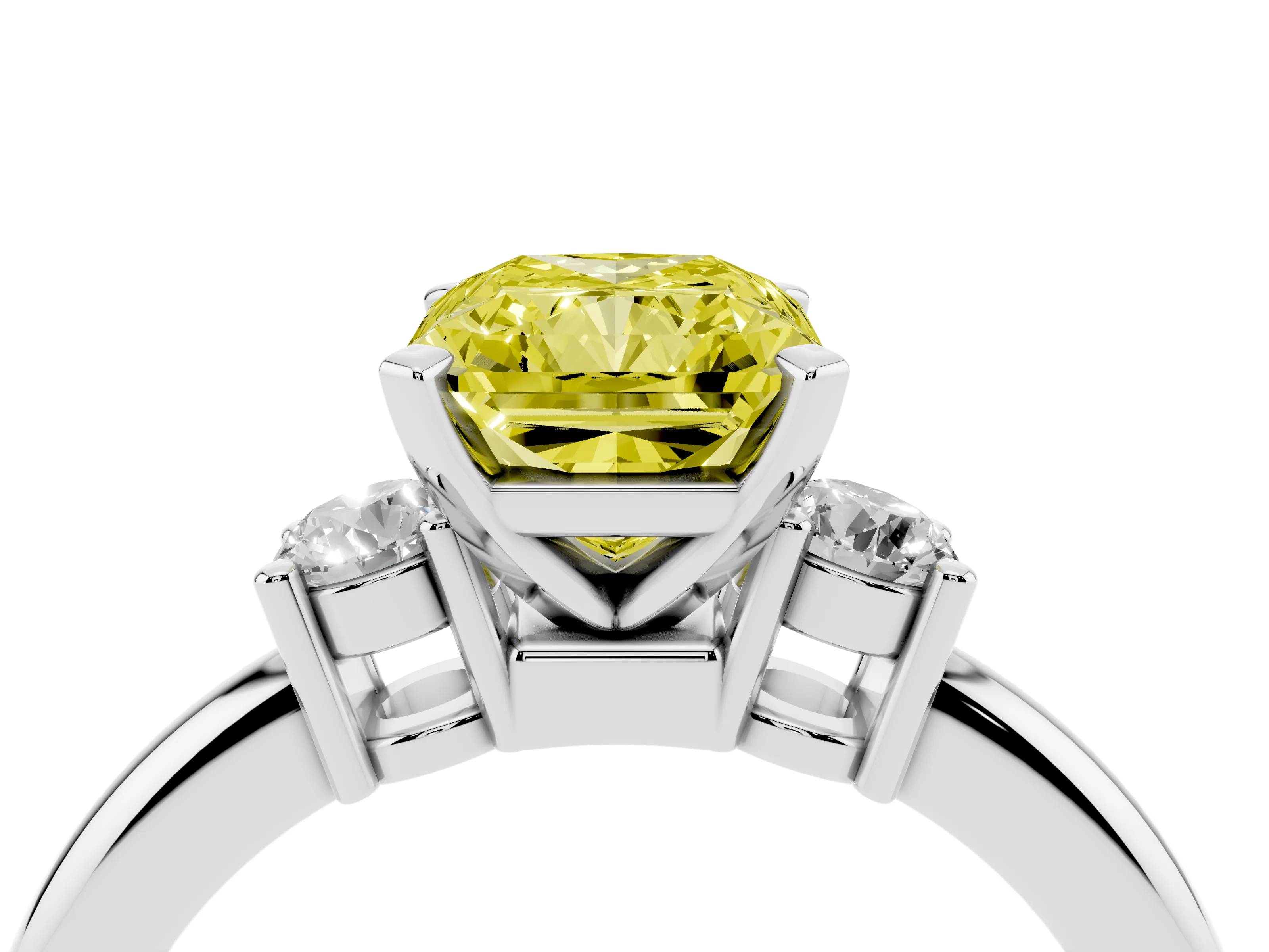 Fancy Yellow Three-Stone Radiant Cut Diamond Ring Set in White gold with Prong Setting and Plain Band