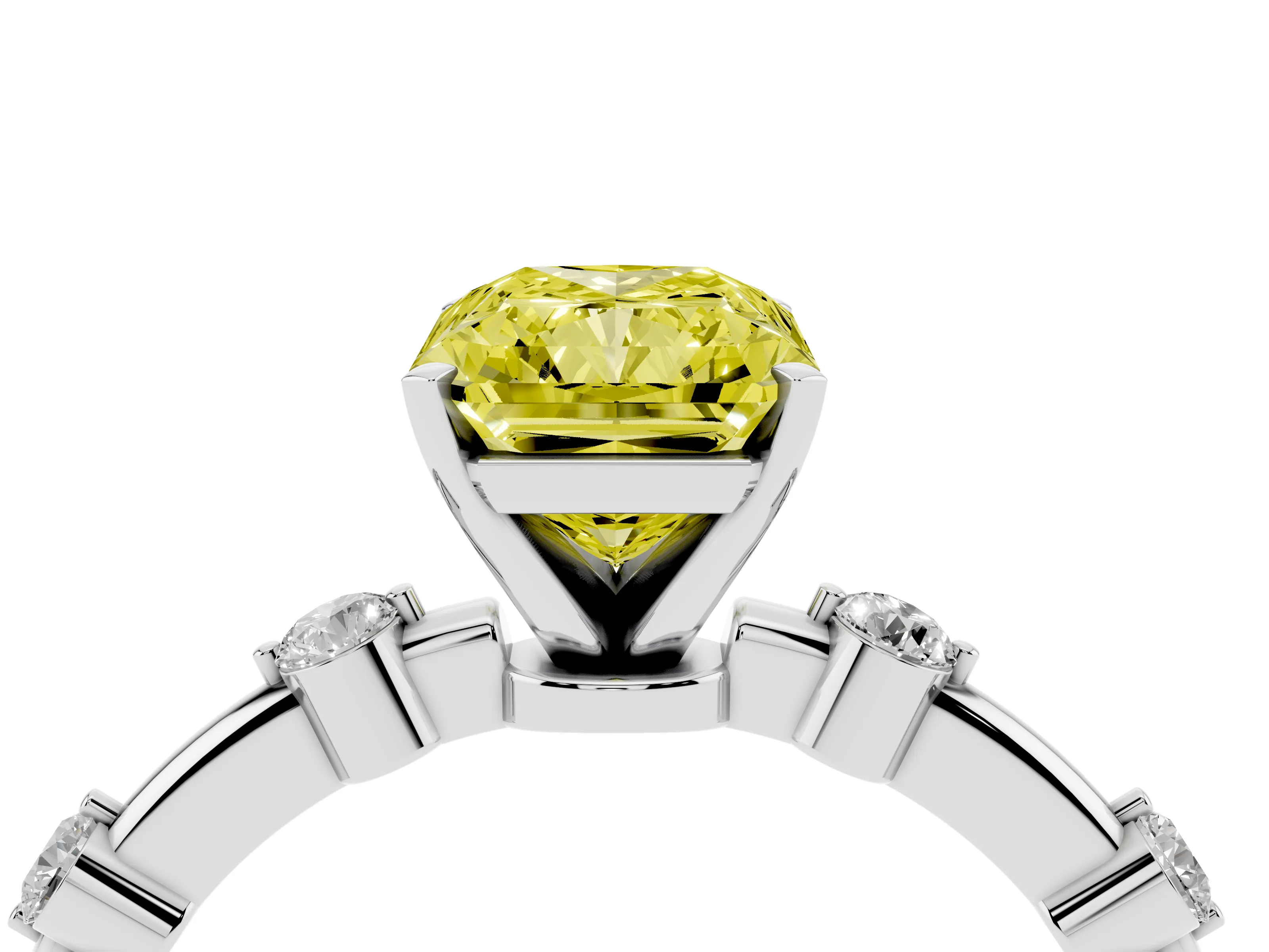 Fancy Yellow Radiant Cut Diamond Solitaire Ring Set in Silver with Bezel Set Side Stones and Prong Setting