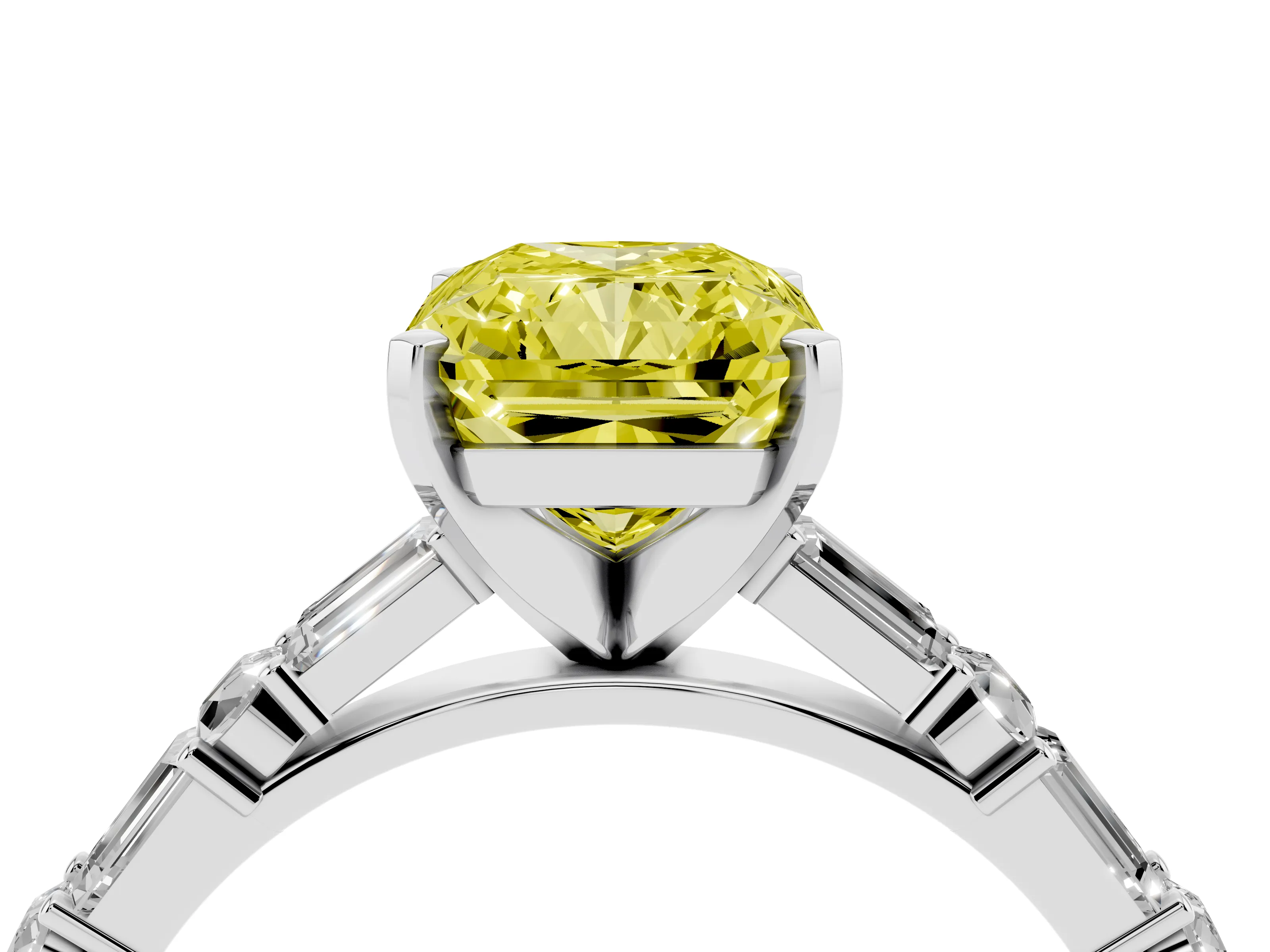 Fancy Yellow Radiant Cut Diamond Solitaire Set in Platinum with Side Baguettes and Channel Set Band
