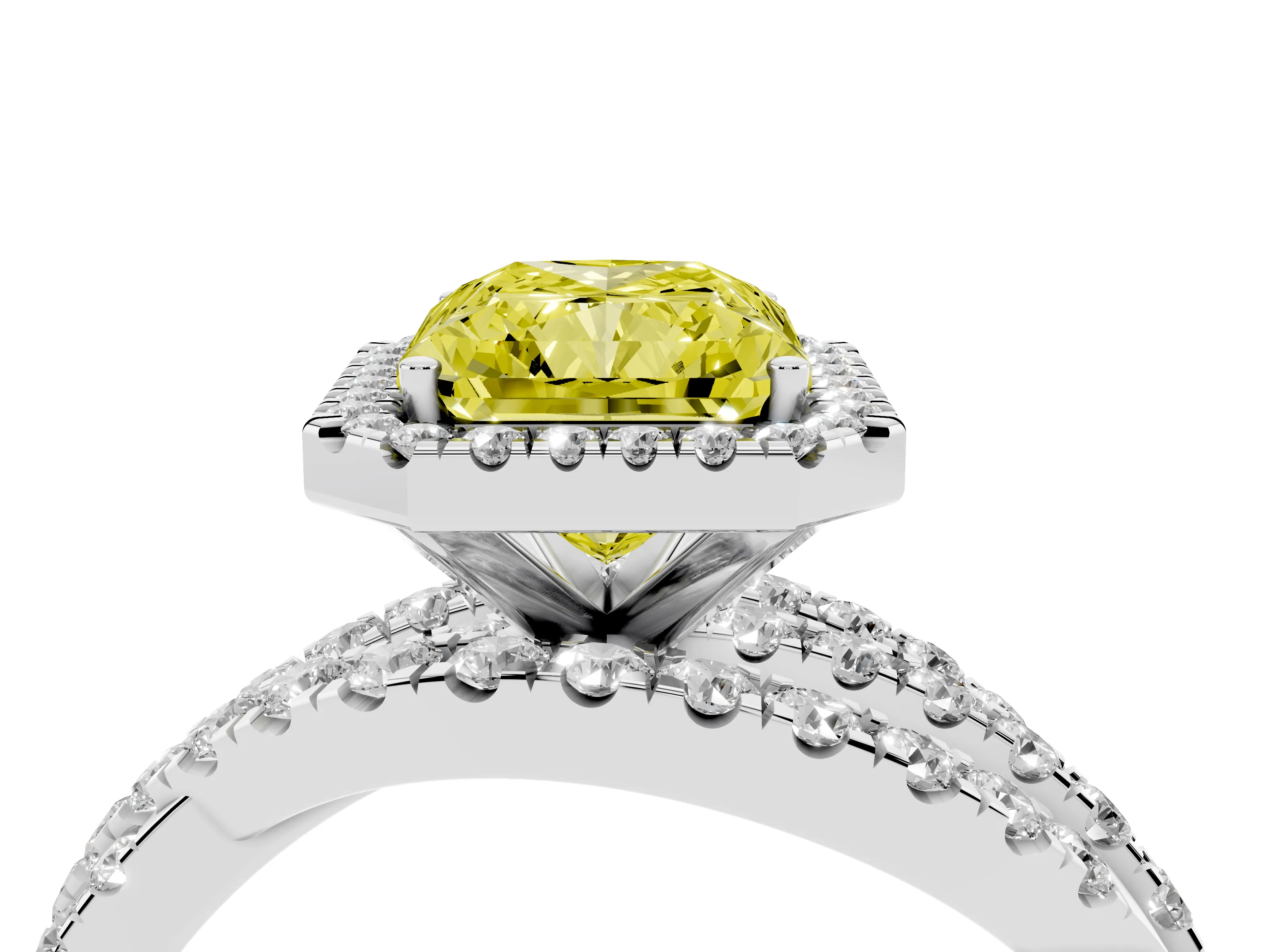 Fancy Yellow Radiant Cut Diamond Halo Ring Set in Platinum with Round Crossover Split Shank and Prong Setting