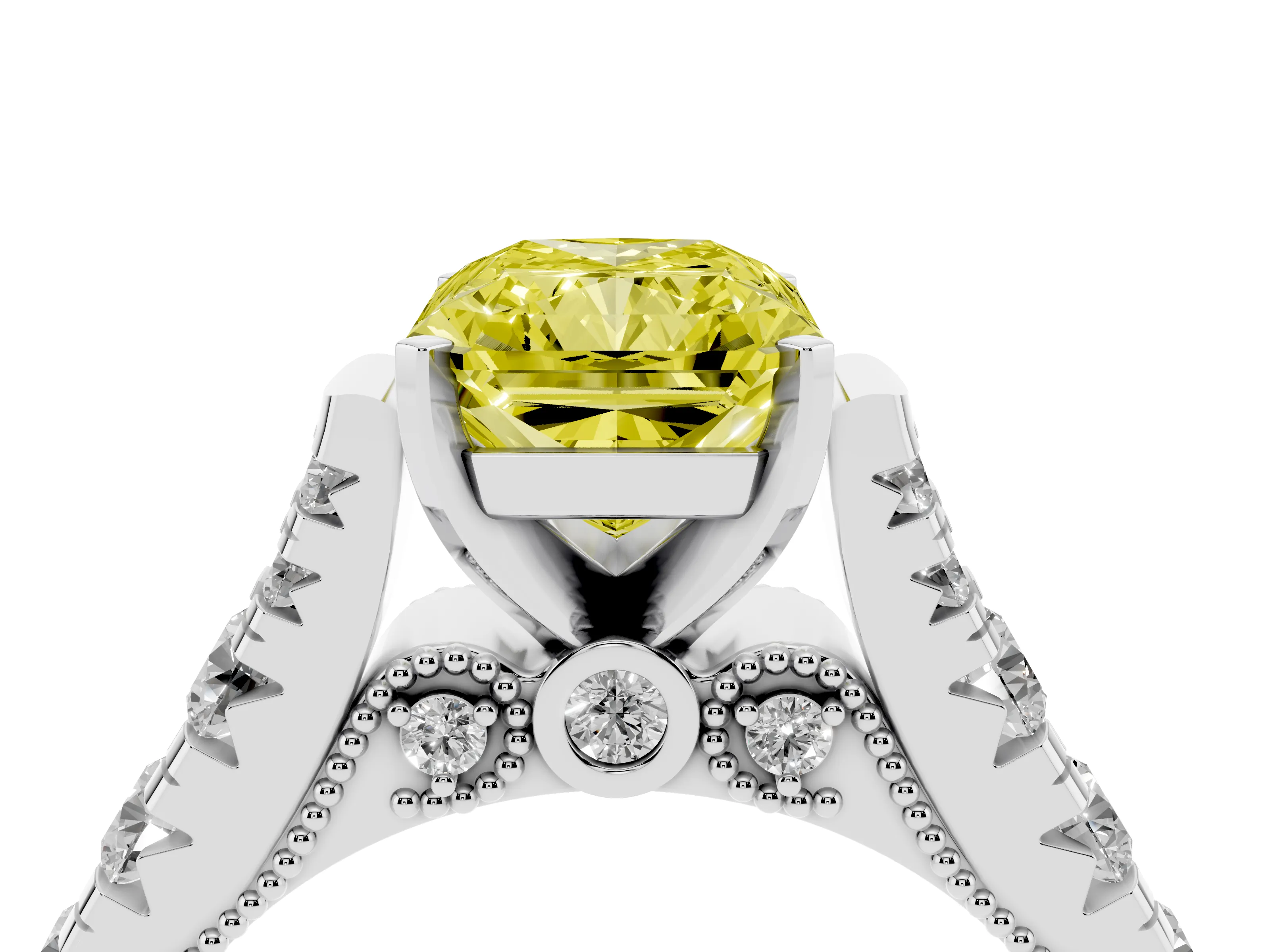 Fancy Yellow Radiant Cut Diamond Classic Solitaire Ring Set in Silver with Pavé Band and Prong Setting