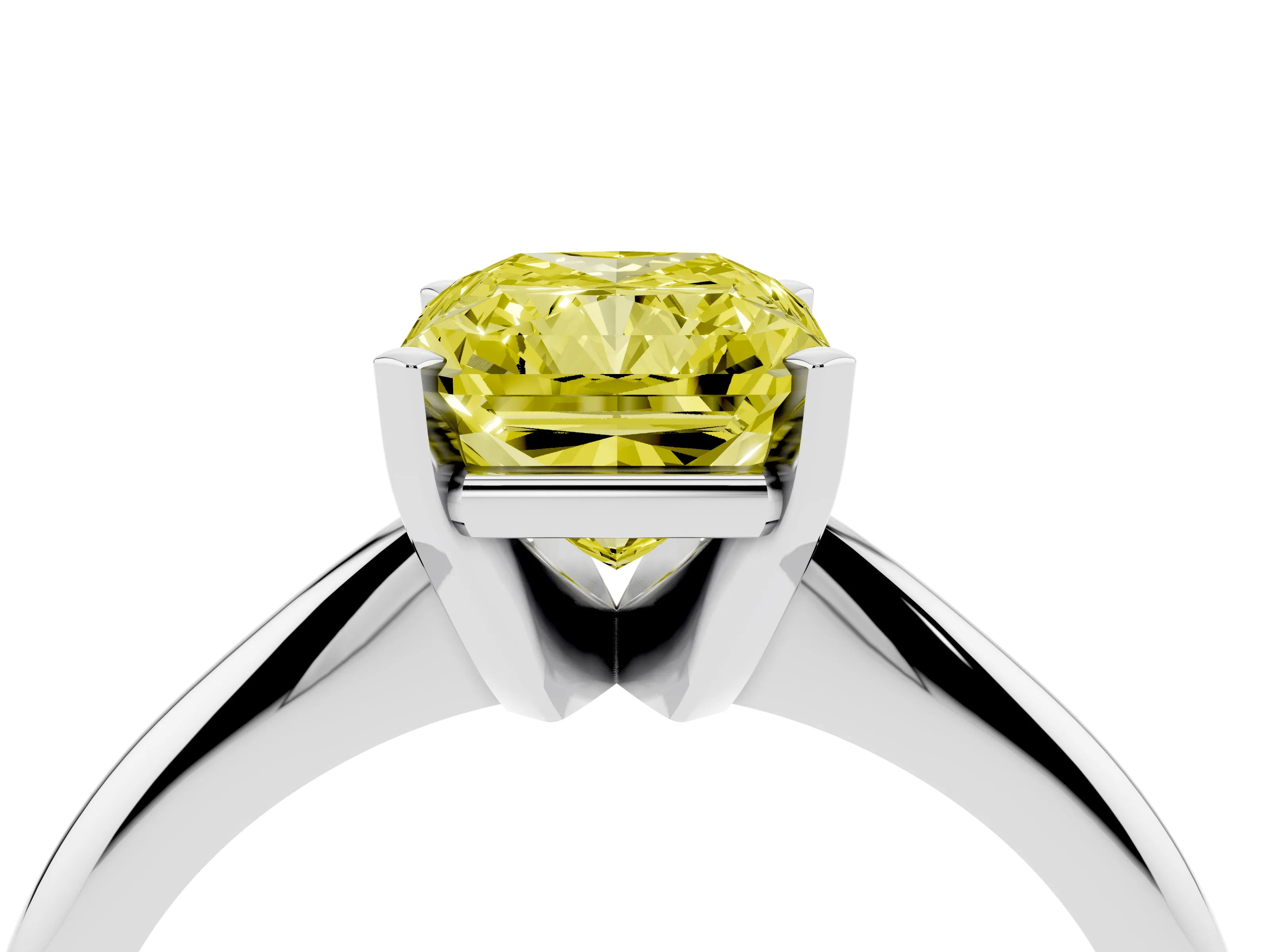 Fancy Yellow Radiant Cut Diamond Solitaire Ring Set in White gold with Prong Setting on a Plain Round Band