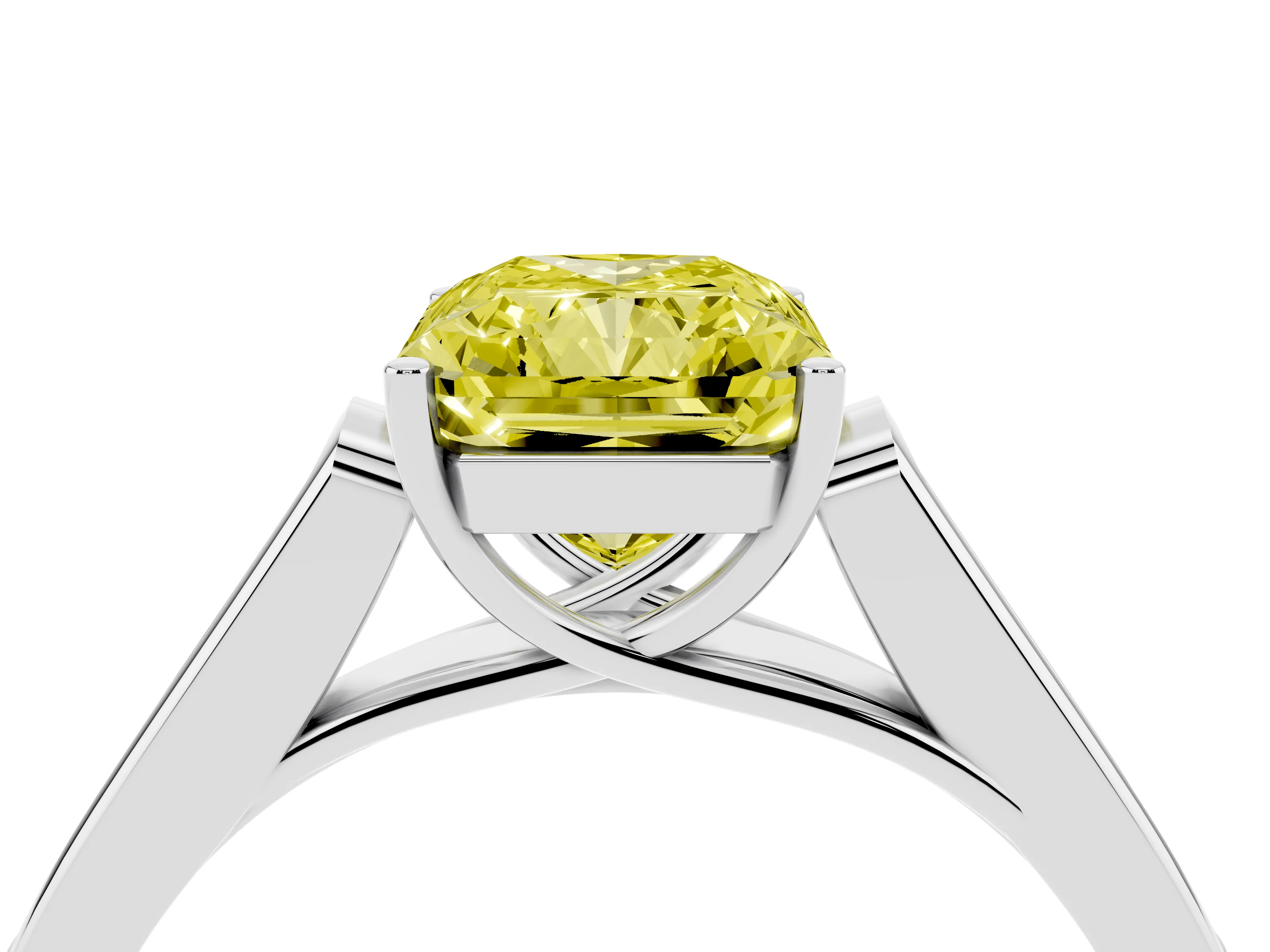 Fancy Yellow Radiant Cut Diamond Solitaire Cathedral Engagement Ring Set in Platinum with Channel-Set Band and Prong Setting