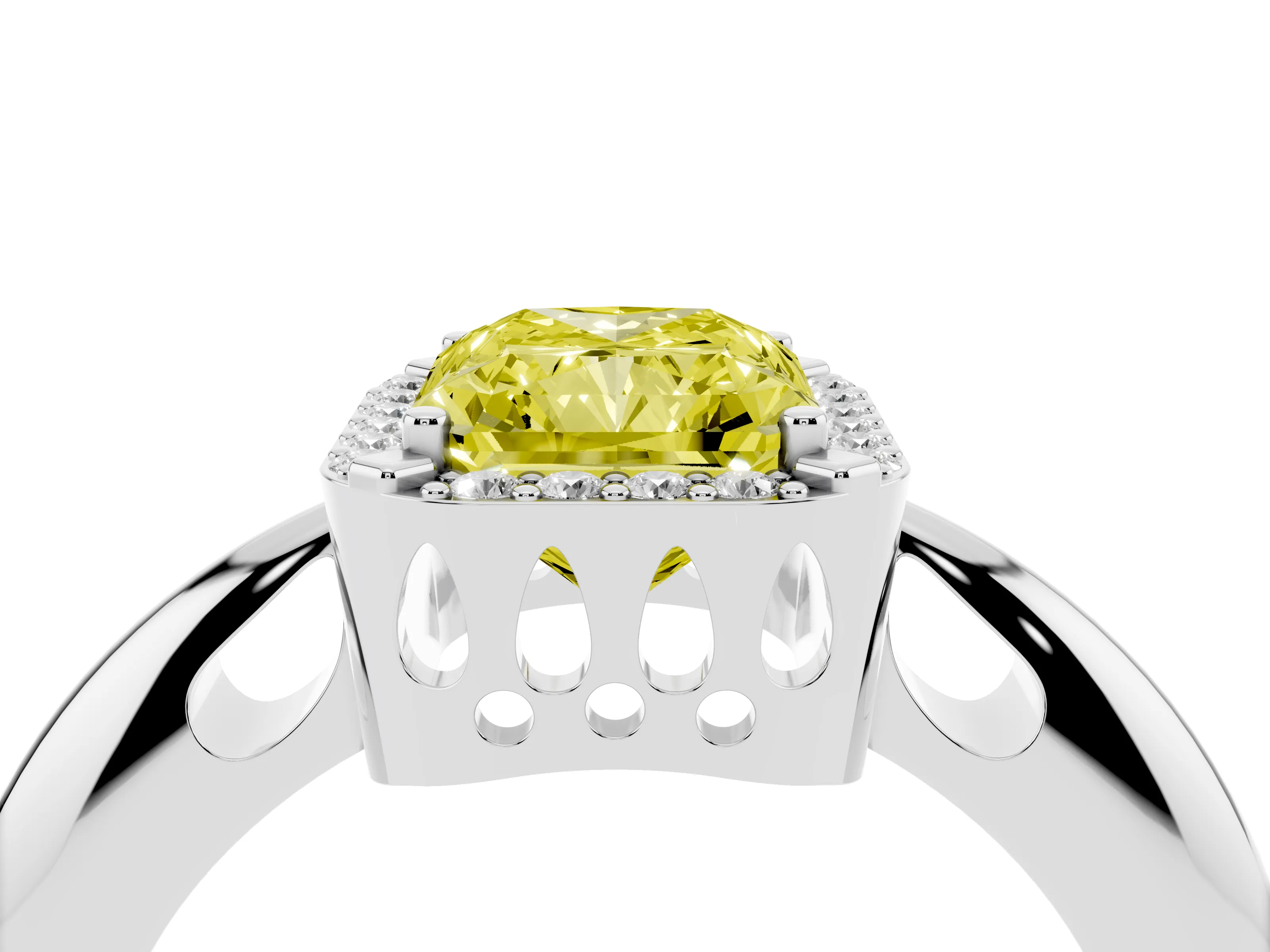 Fancy Yellow Radiant Cut Diamond Halo Engagement Ring Set in Platinum with Plain Split Shank and Prong Setting