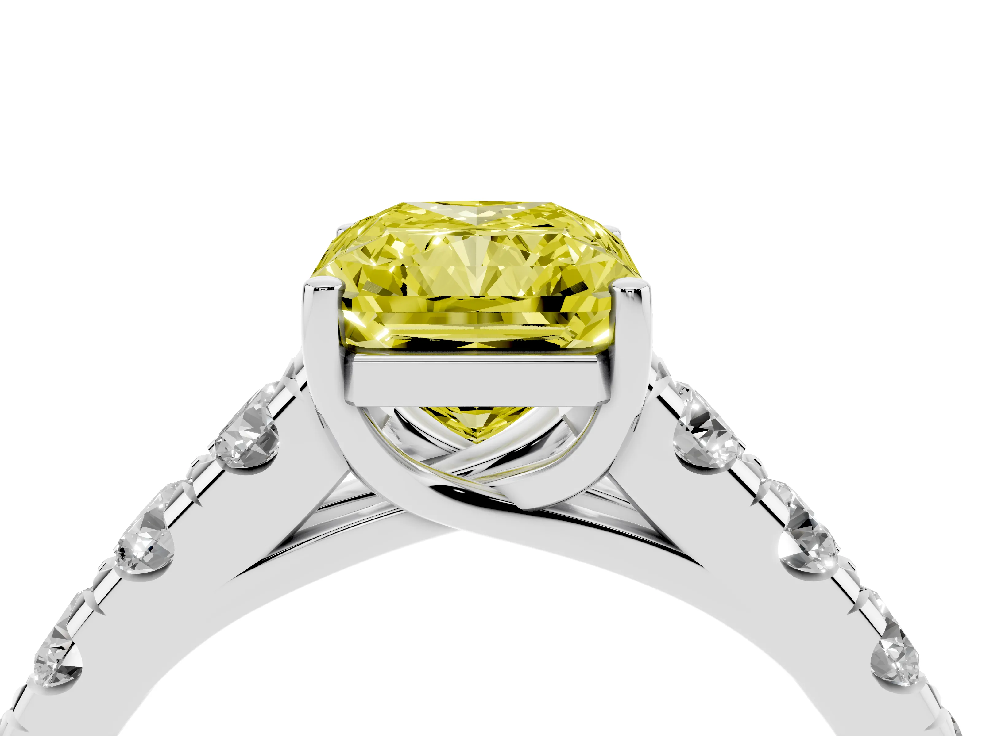 Fancy Yellow Radiant Cut Diamond Solitaire Ring Set in White gold with Cut-Down Micro Pavé Band and Prong Setting