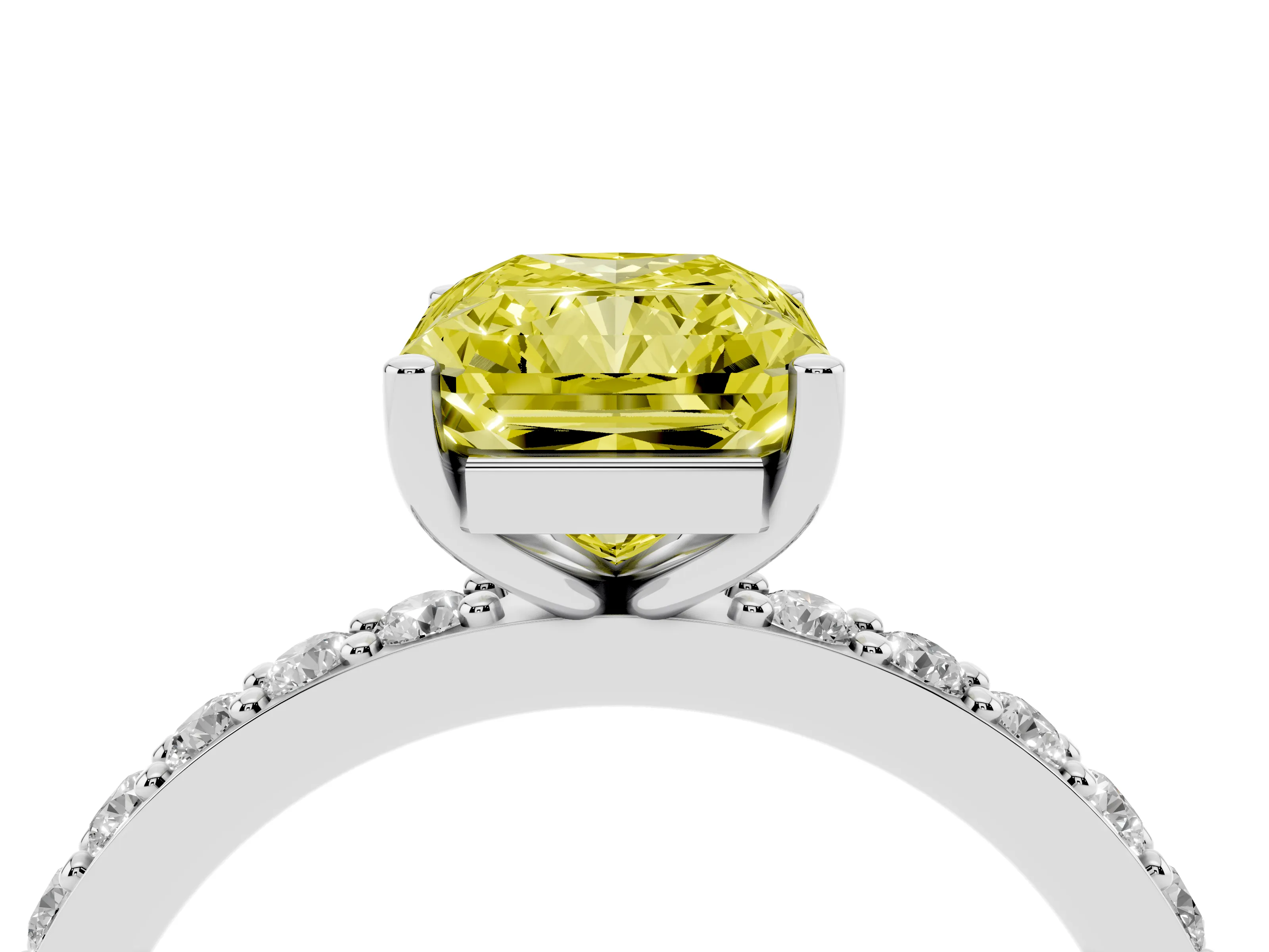 Fancy Yellow Radiant Cut Diamond Solitaire Set in White gold with Round Pavé Band and Prong Setting