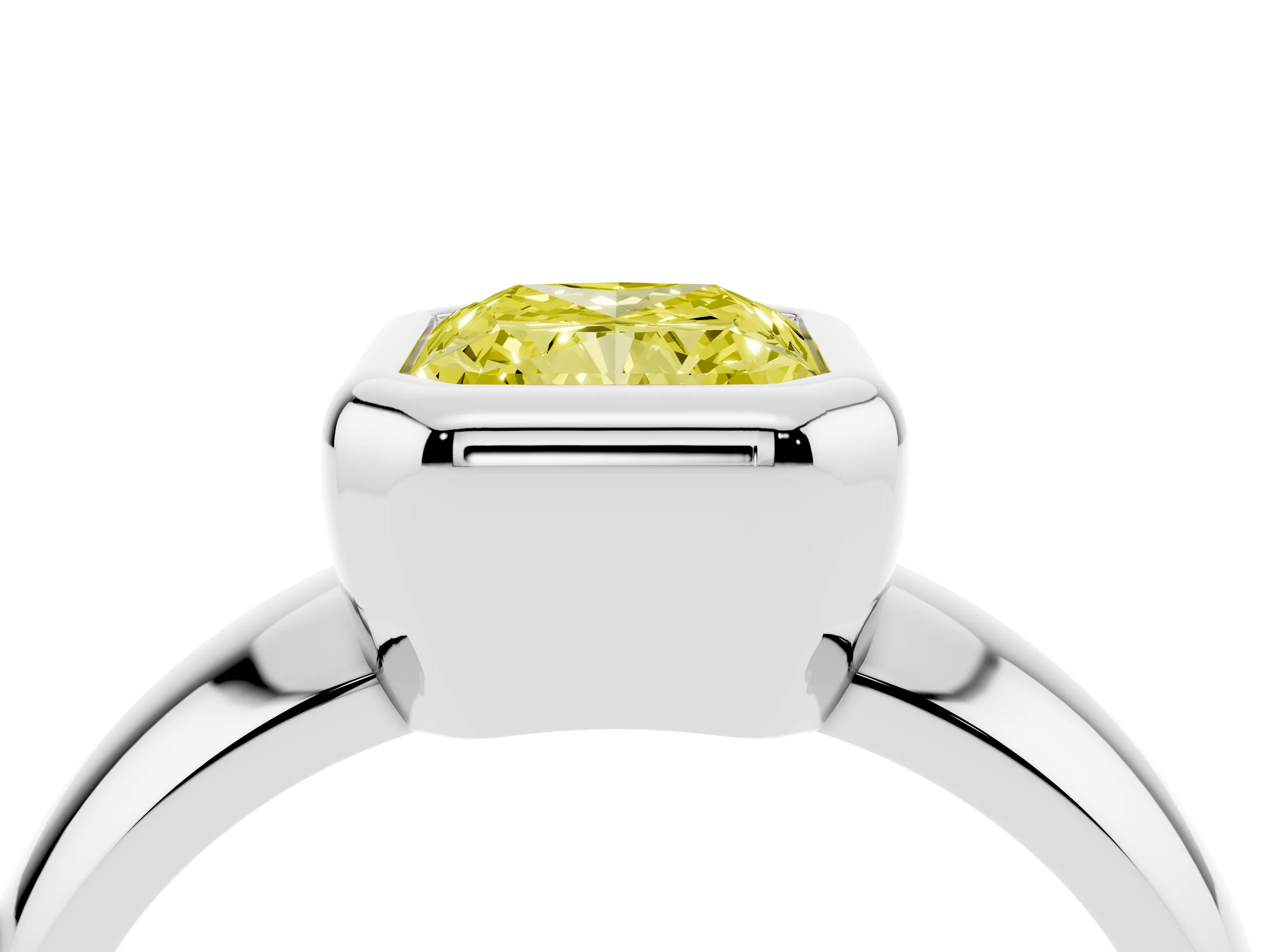 Fancy Yellow Bezel Set Radiant Cut Diamond Solitaire Ring Set in White gold with Wide Band