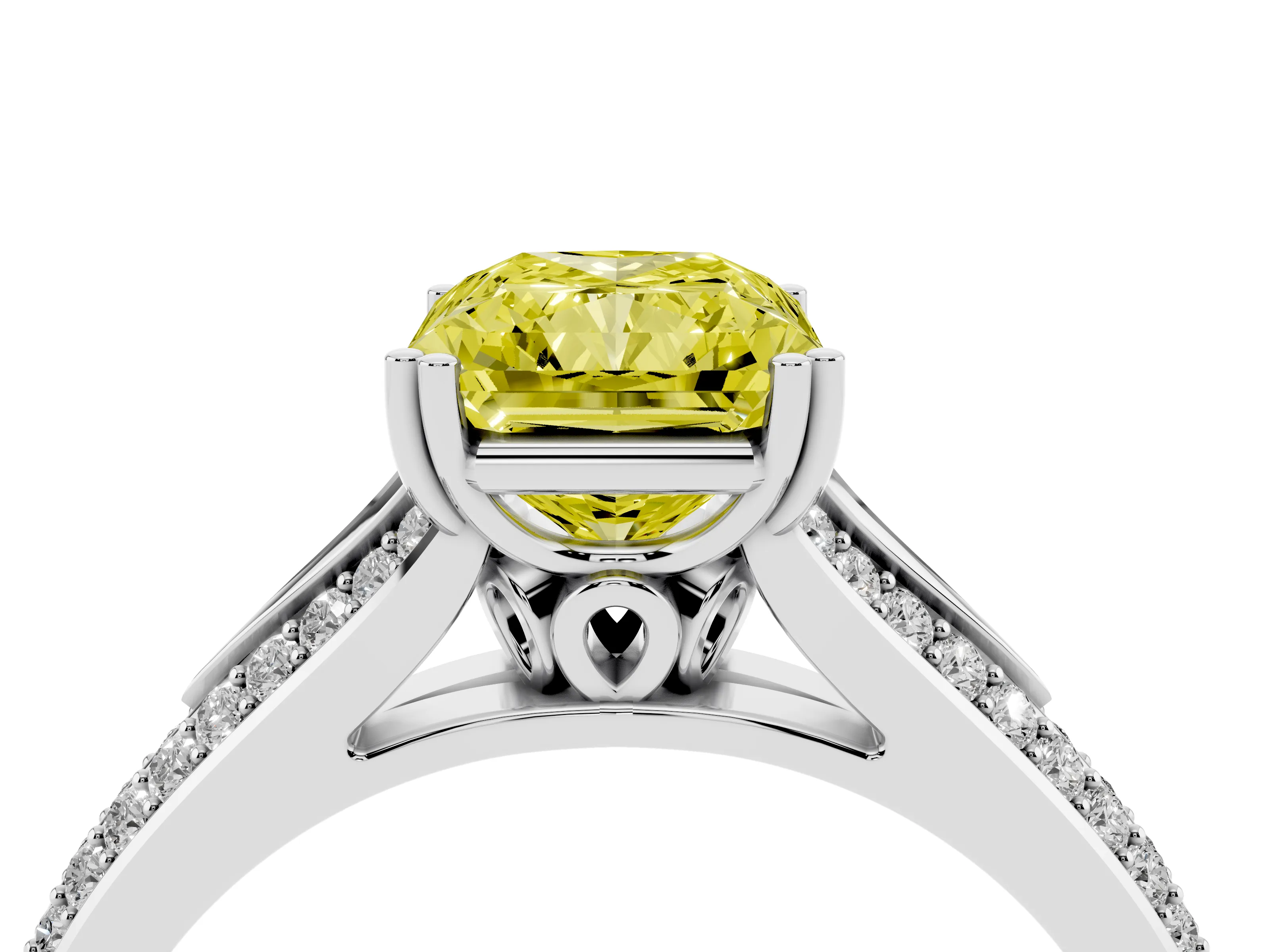 Fancy Yellow Radiant Cut Diamond Split Shank Pavé Engagement Ring Set in Platinum with Prong-Set Center Stone