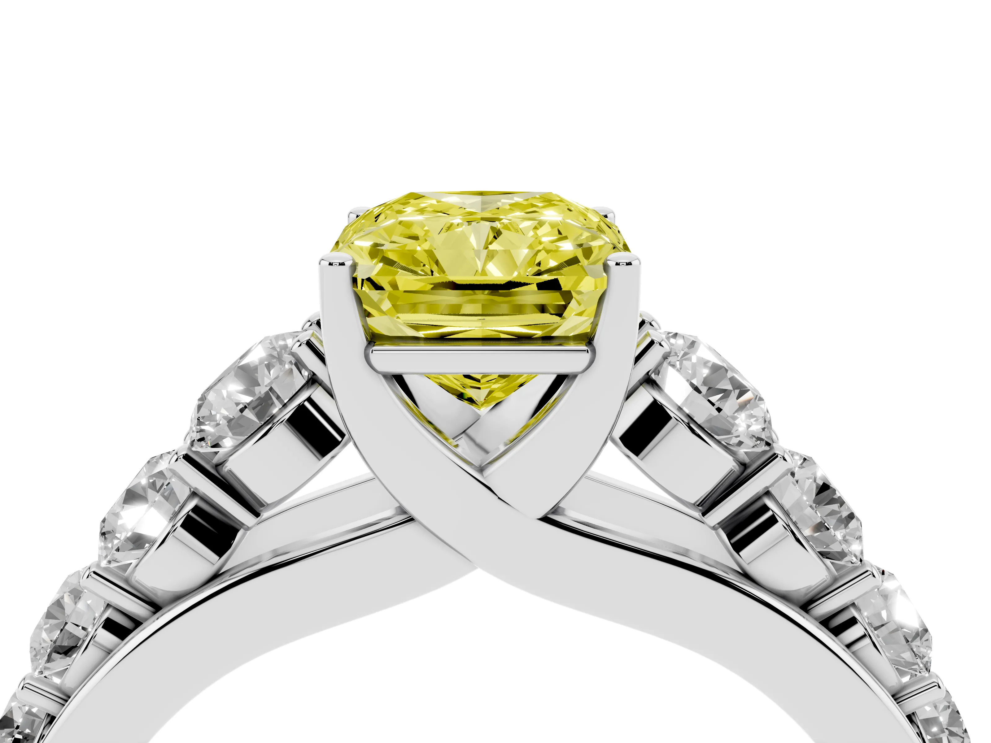 Fancy Yellow Radiant Cut Diamond Solitaire Ring Set in Platinum with Pavé-Set Band and Prong Setting