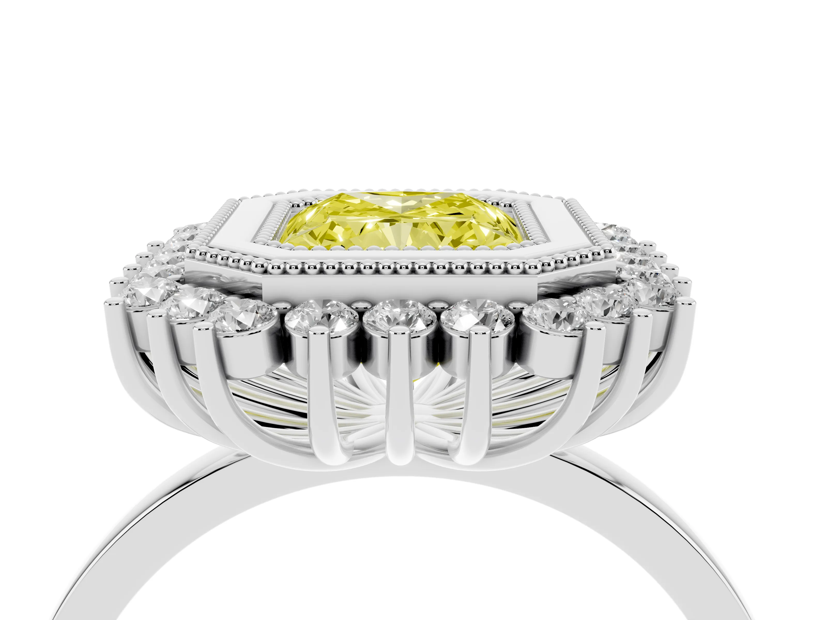 Fancy Yellow Radiant Cut Diamond Halo Ring Set in Silver with Milgrain Edge and Round Prong Setting