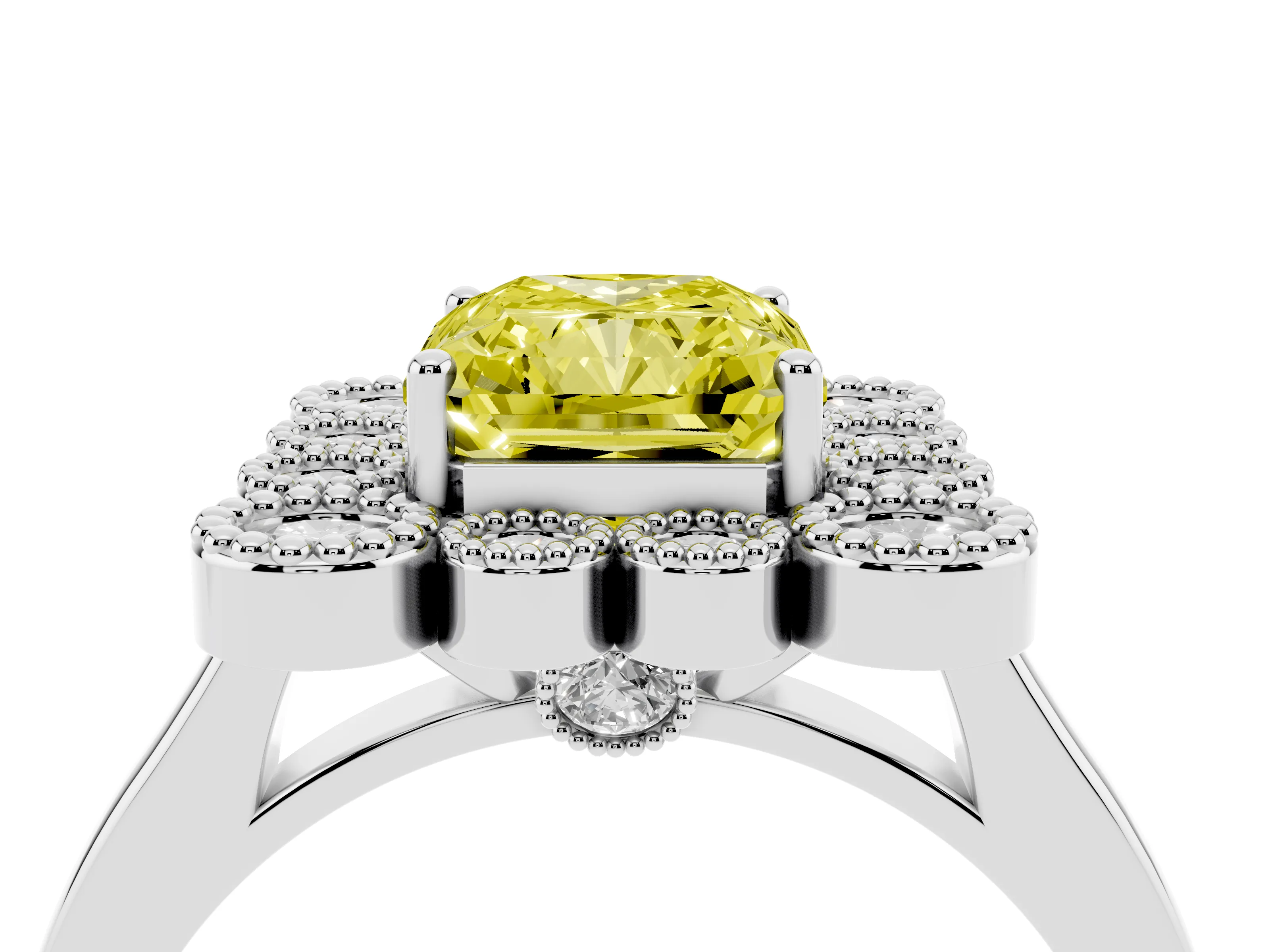 Fancy Yellow Radiant Cut Diamond Cluster Halo Ring Set in White gold with Milgrain Bezel Accents and Plain Band