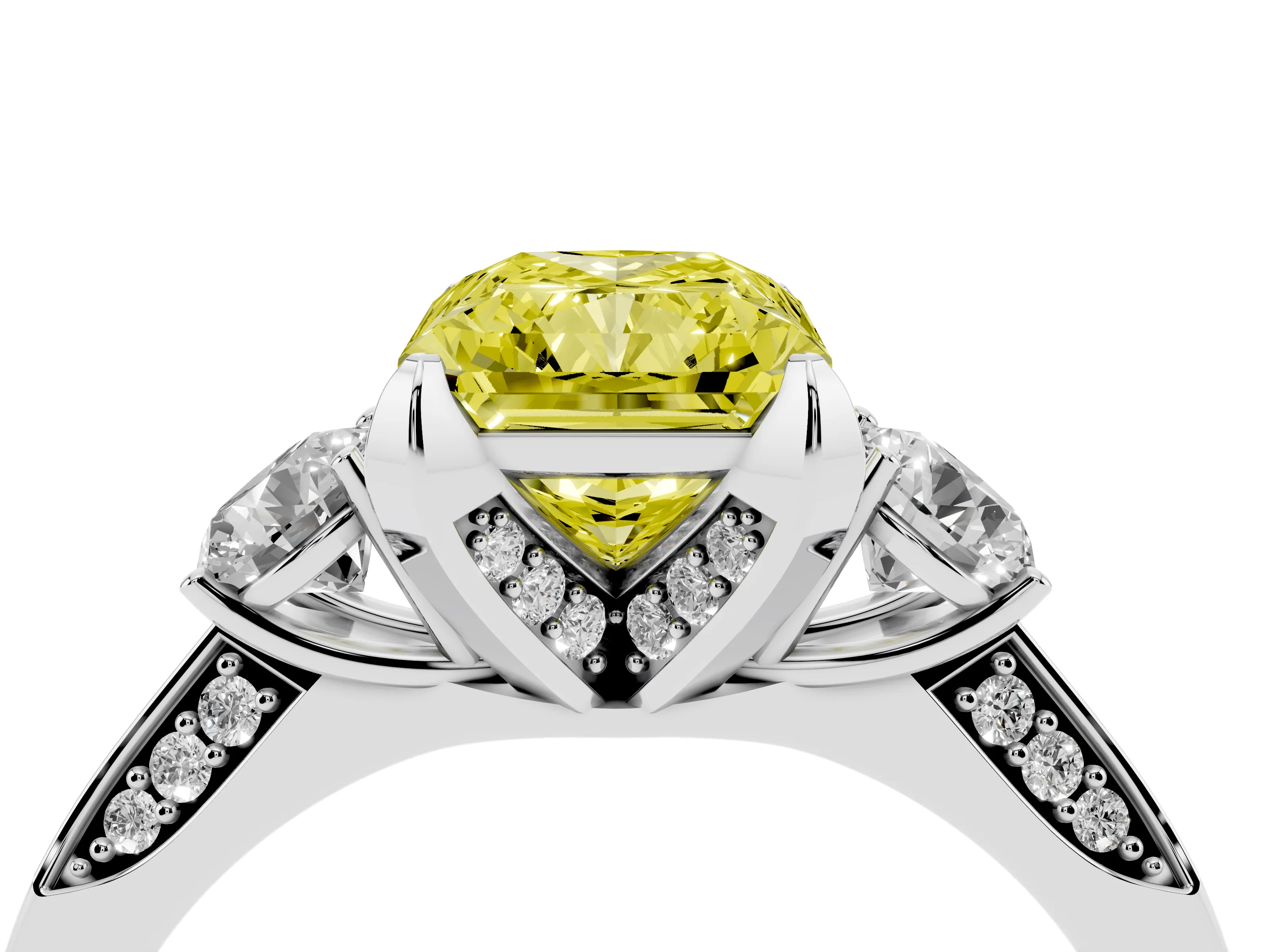Fancy Yellow Radiant Cut Diamond Three-Stone Ring Set in White gold with Pavé Band and Smaller Side Stones