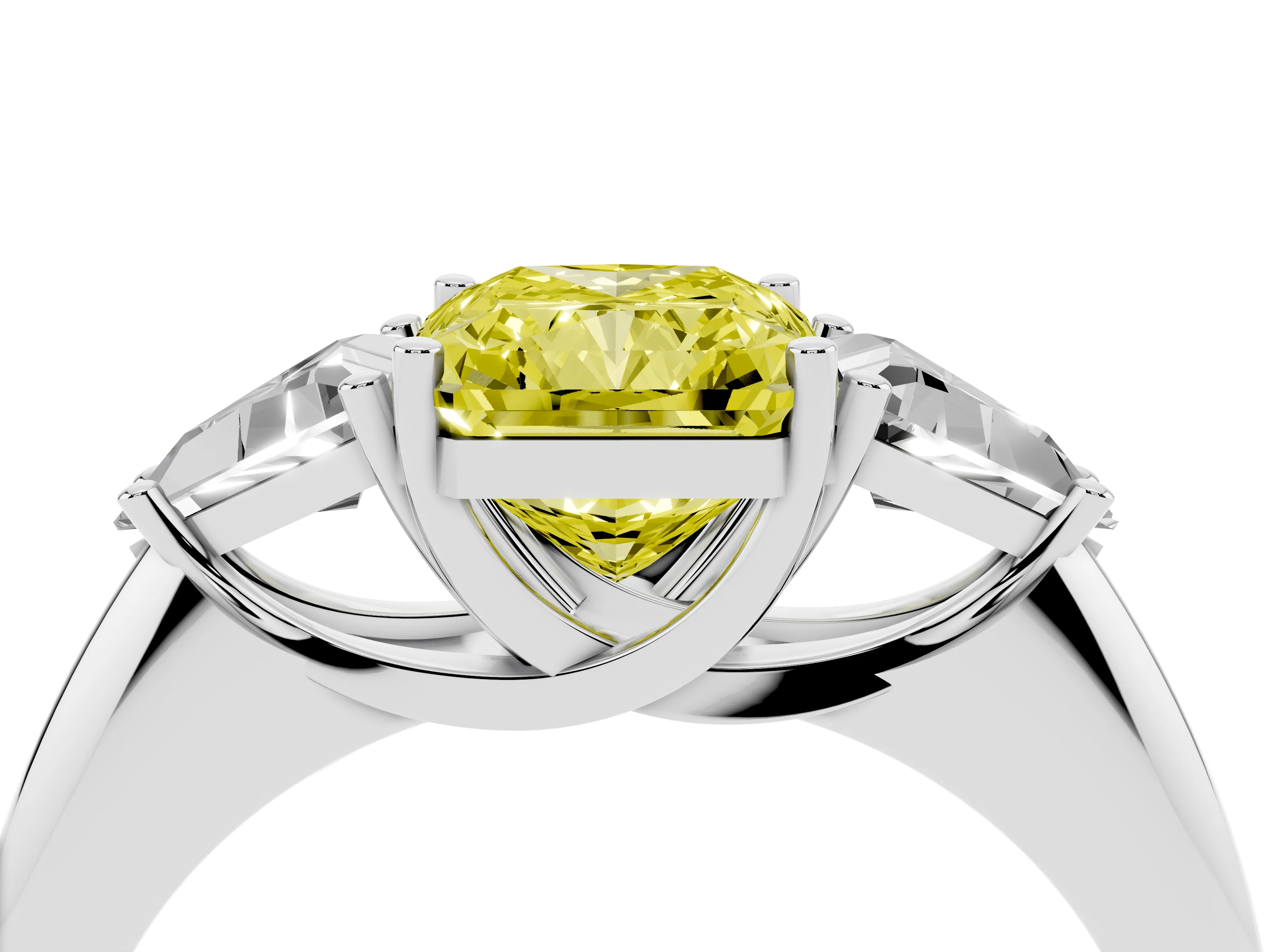 Fancy Yellow Radiant Cut Diamond Three-Stone Engagement Ring Set in Platinum with Trillion Side Stones