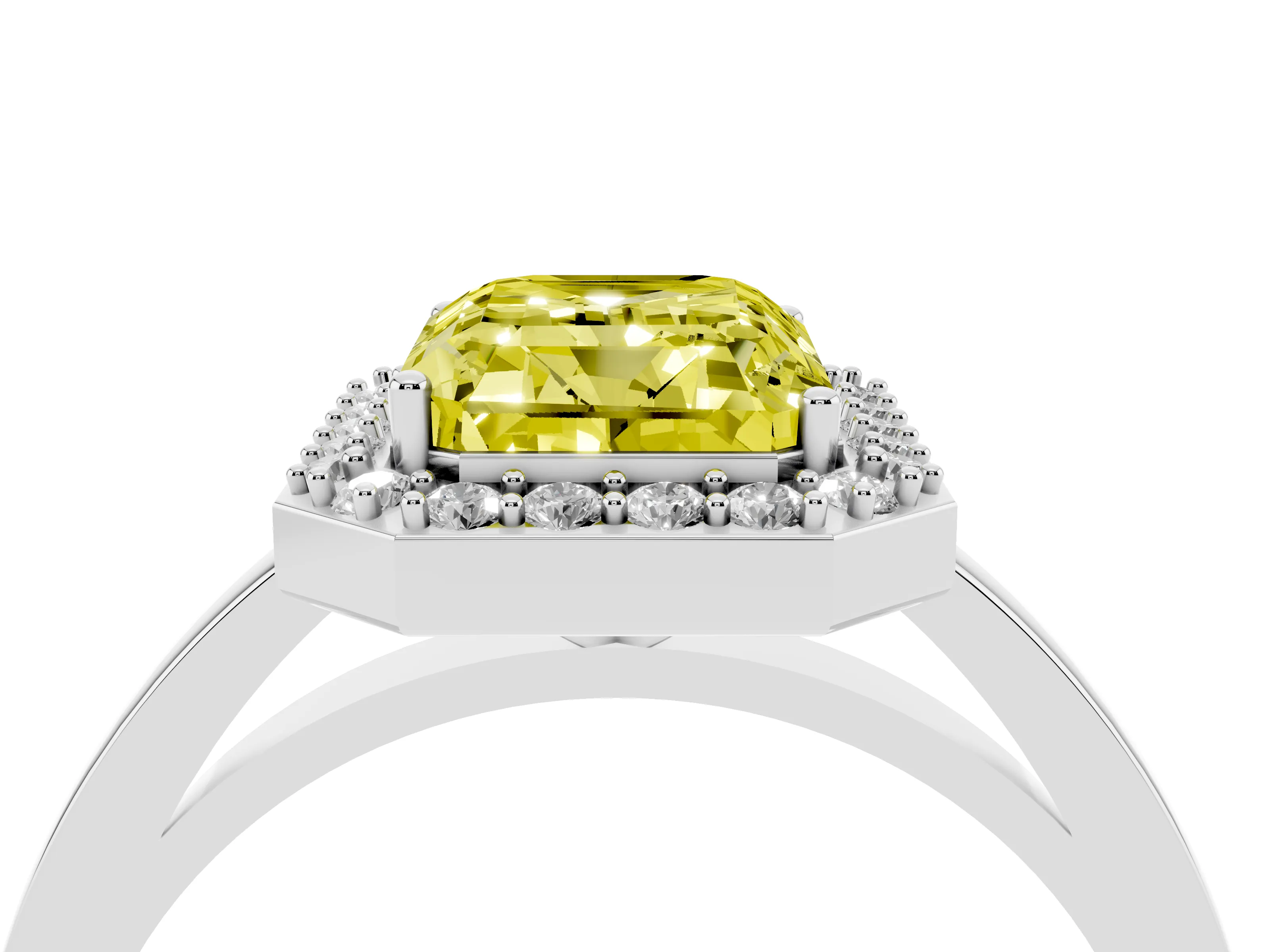 Fancy Yellow Radiant Cut Diamond Halo Ring Set in White gold with Solitaire Band and Prong Setting