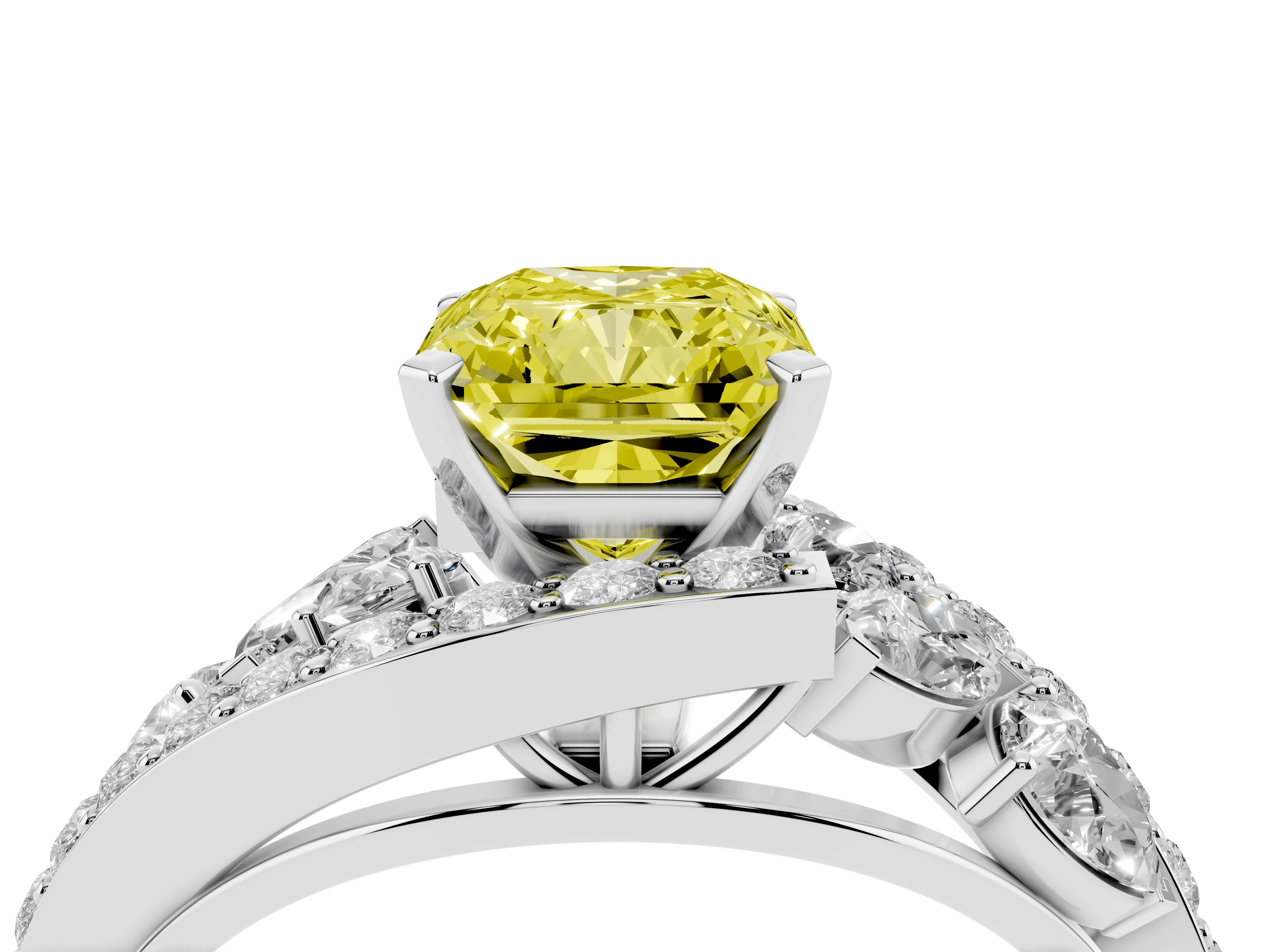 Fancy Yellow Radiant Cut Diamond Halo Ring Set in Silver with Marquise and Pavé Band in Prong Setting