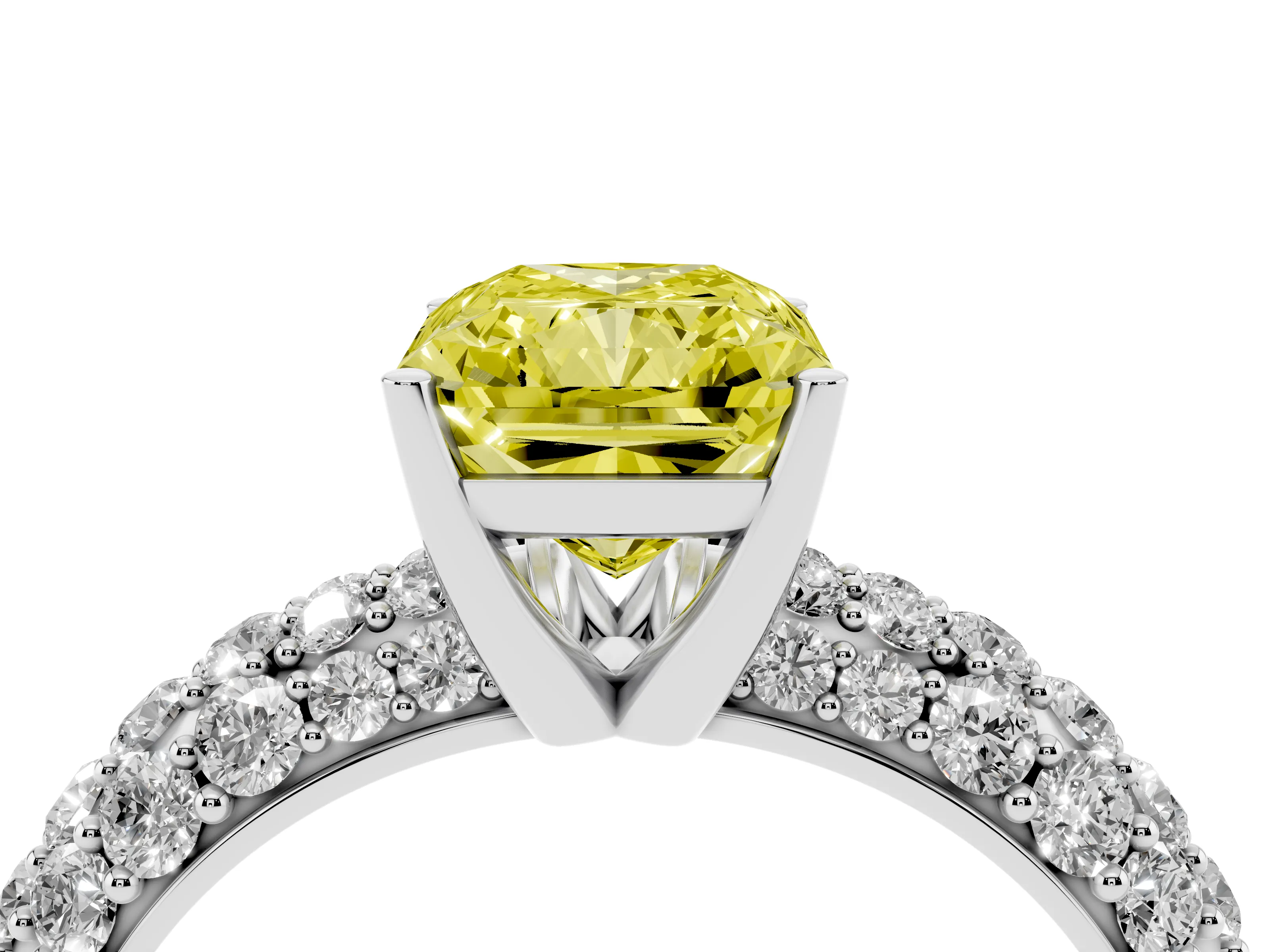 Fancy Yellow Radiant Cut Diamond Pavé Band Solitaire Ring Set in White gold with Close-Set Accent Stones and Prong Setting