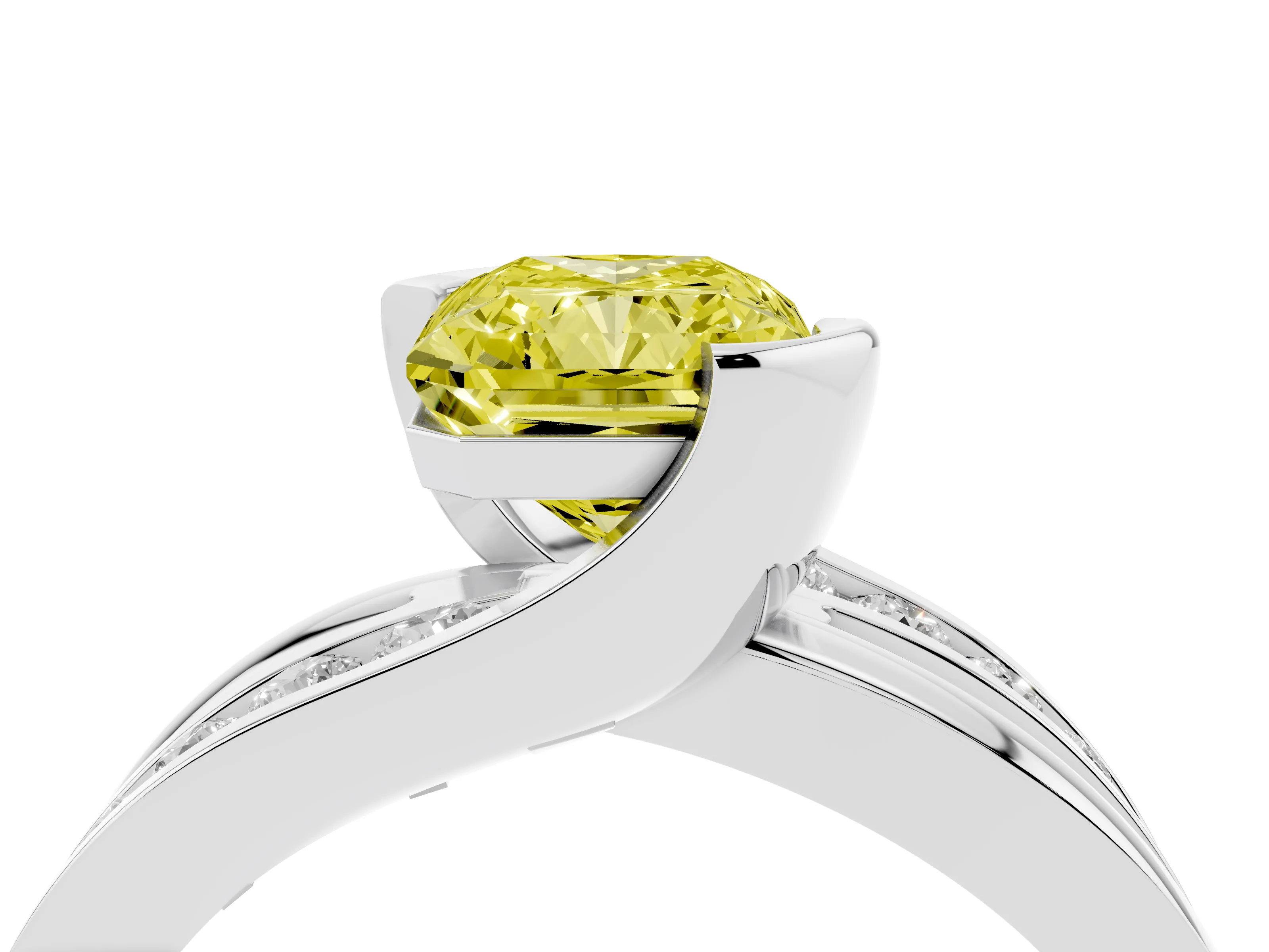 Fancy Yellow Radiant Cut Diamond Solitaire Ring Set in Platinum with Channel Set Split Shank and Tension Prongs