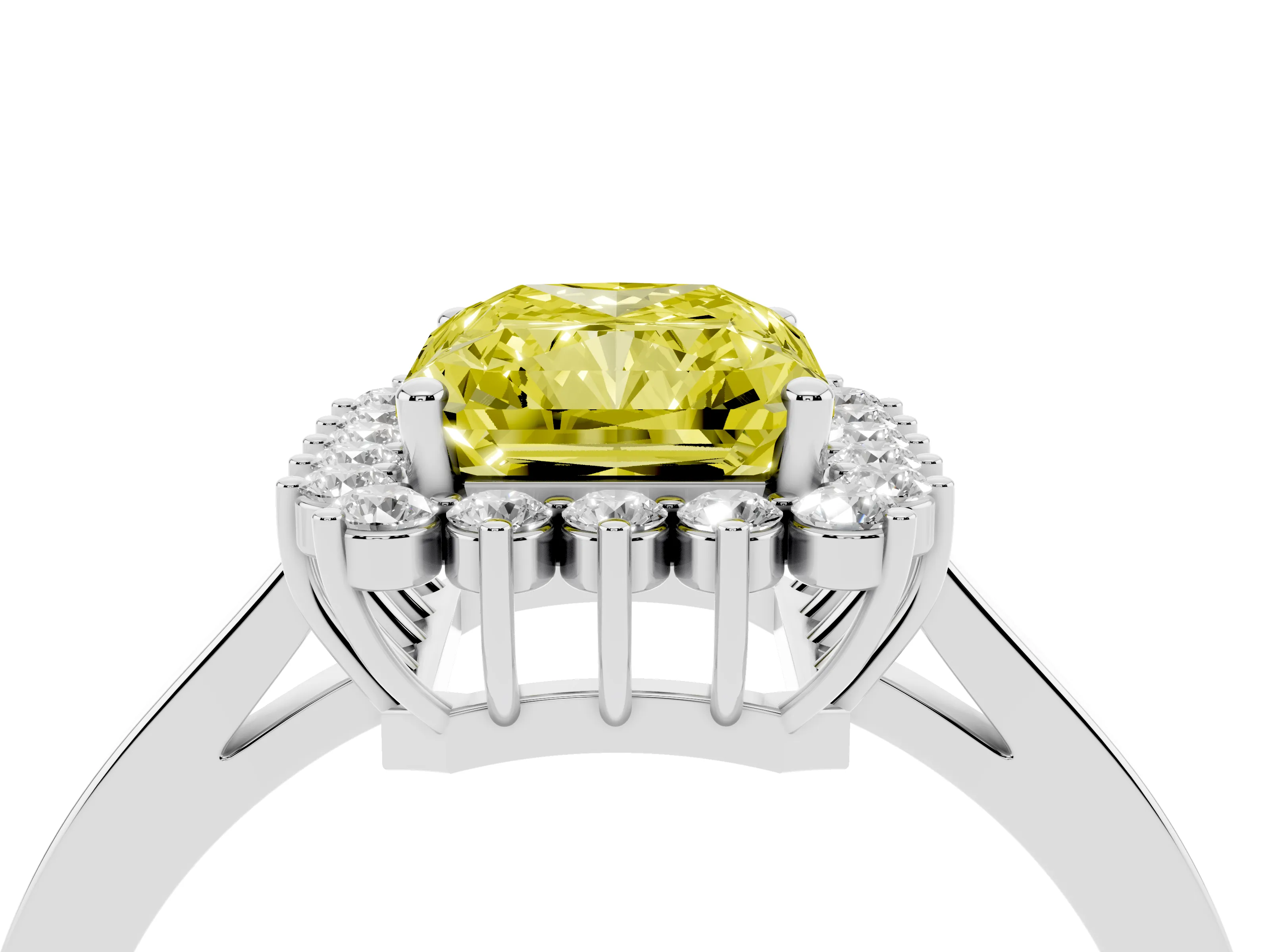Fancy Yellow Radiant Cut Diamond Halo Ring Set in White gold with Round Halo and Smooth Solitaire Band
