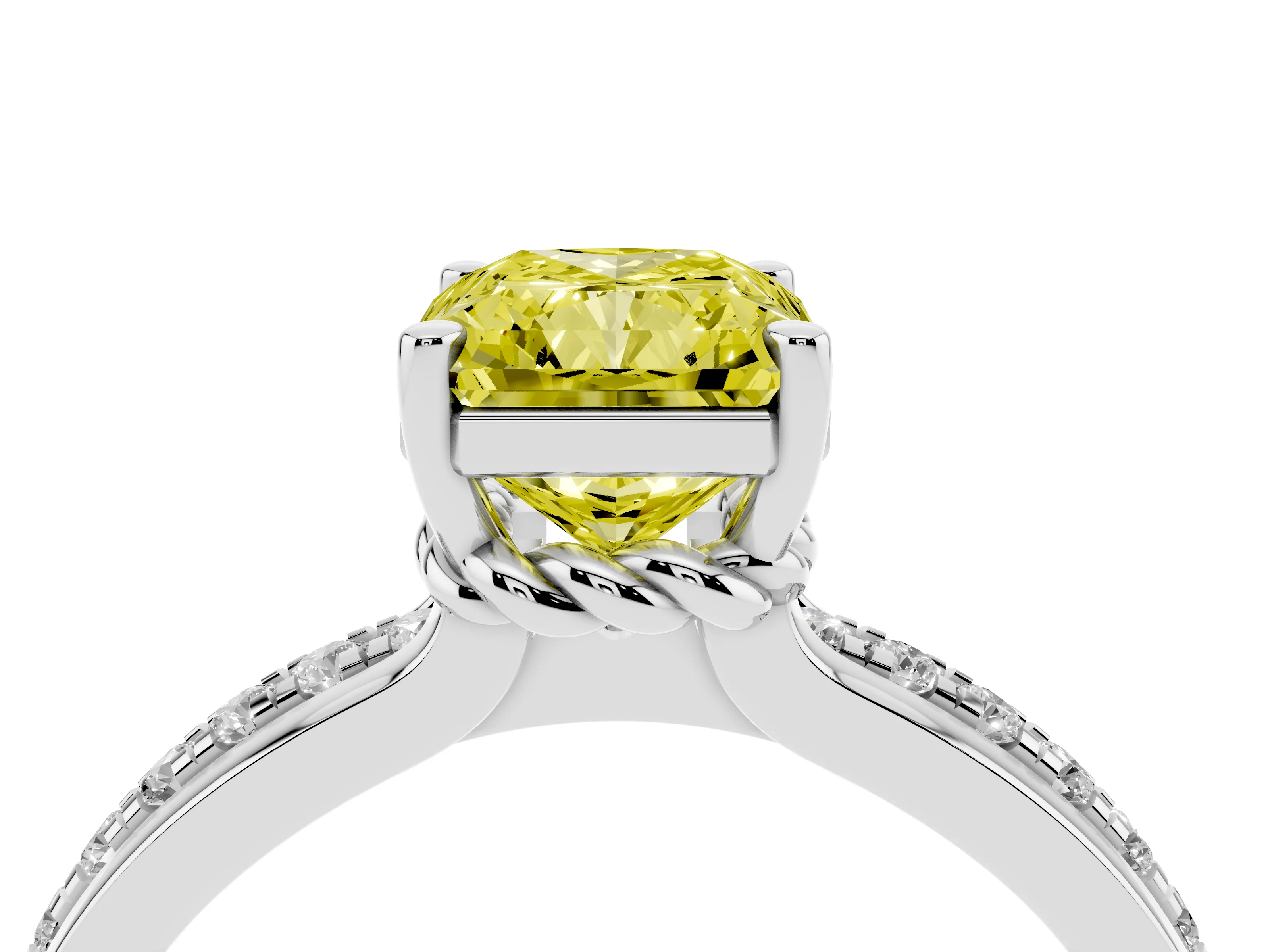 Fancy Yellow Radiant Cut Diamond Solitaire Ring Set in White gold with Channel Set Band and Prong Setting